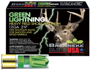 Brenneke USA Green Lightning Heavy Field Short Magnum Ammunition 12 Gauge 2-3/4" 1-1/4 oz Lead Rifled Slug Box of 5 Brenneke USA Green Lightning Heavy Field Short Magnum Ammunition 12 Gauge 2-3/4" 1-1/4 oz Lead Rifled Slug Box of 5