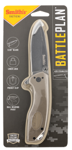 Smiths Products 50995 BattlePlan3.35" Folding Drop Point Plain Black Stonewashed 400 SS Blade/ Desert Tan G10 Handle Includes Pocket Clip
