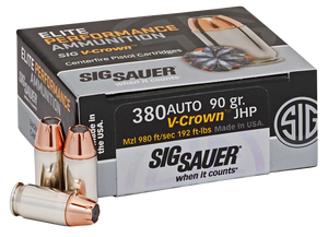 Sig Sauer E380A150 Elite Defense380 ACP 90 gr 980 fps V-Crown Jacketed Hollow Point (VJHP) 50 Bx/10 Cs Sig Sauer E380A150 Elite Defense380 ACP 90 gr 980 fps V-Crown Jacketed Hollow Point (VJHP) 50 Bx/10 Cs