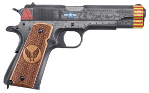 Auto-Ordnance 1911BKOC18 1911 Red Tails Full Size Frame 45 ACP 7+1 5" Stainless Steel Barrel, Savage Cerakote Serrated Slide, Savage Cerakote Steel Frame w/Beavertail, Custom Engraved Wood Grip