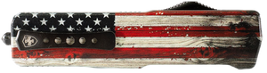 Templar Knife Premium Weighted Wood US Flag Slim 3" OTF Tanto Plain Black Oxide Stonewashed Powder Coated D2 Steel Blade, 4.50" Painted Wood Grain US Flag Aluminum Handle