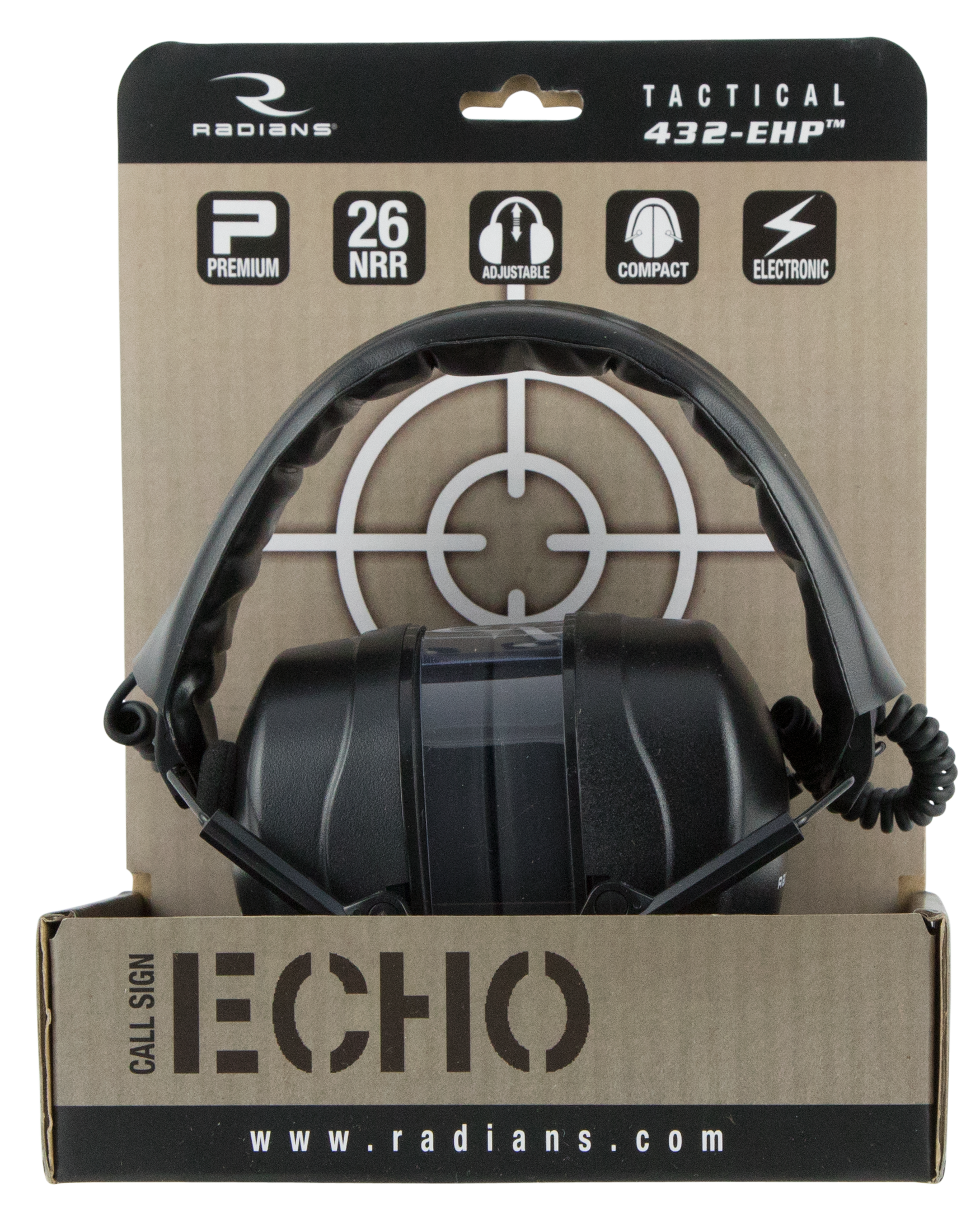 Radians CSE20BX Tactical 432EHP Electronic Muff Polymer 26 dB Over the Head Black Adult 1 Pair
