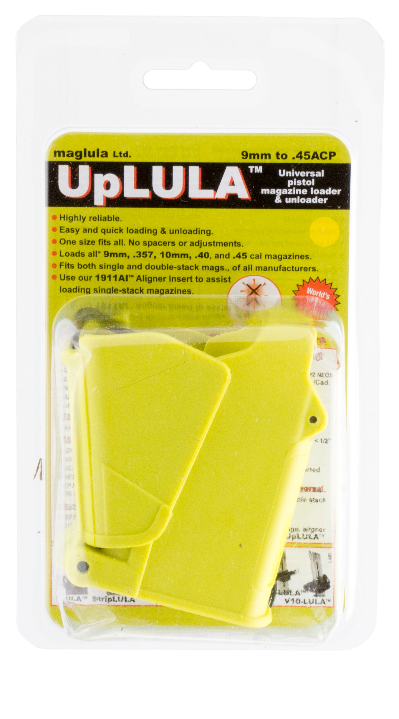Maglula UP60L UpLULA Loader & Unloader Double & Single Stack Style made of Polymer with Lemon Finish for 9mm Luger, 45 ACP Pistols