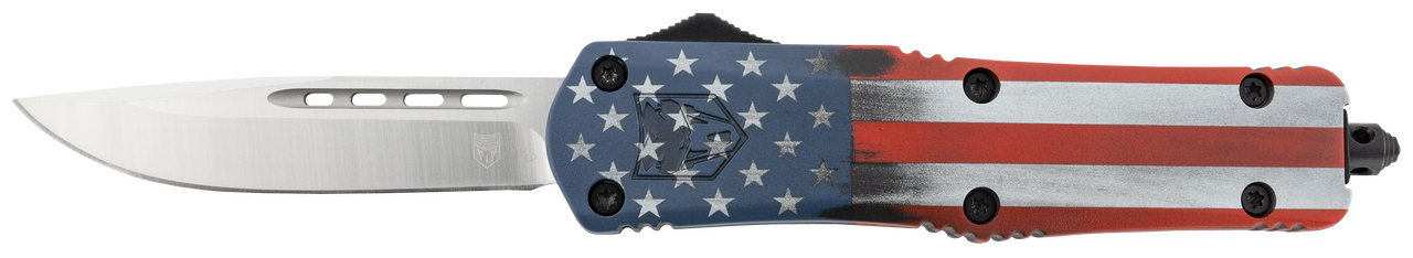 CobraTec Knives MCUSAFS3DNS FS-3 American Flag Medium 3" OTF Dagger Plain D2 Steel Blade 4.50" Aluminum Cerakoted Handle Includes Glass Breaker/Pocket Clip