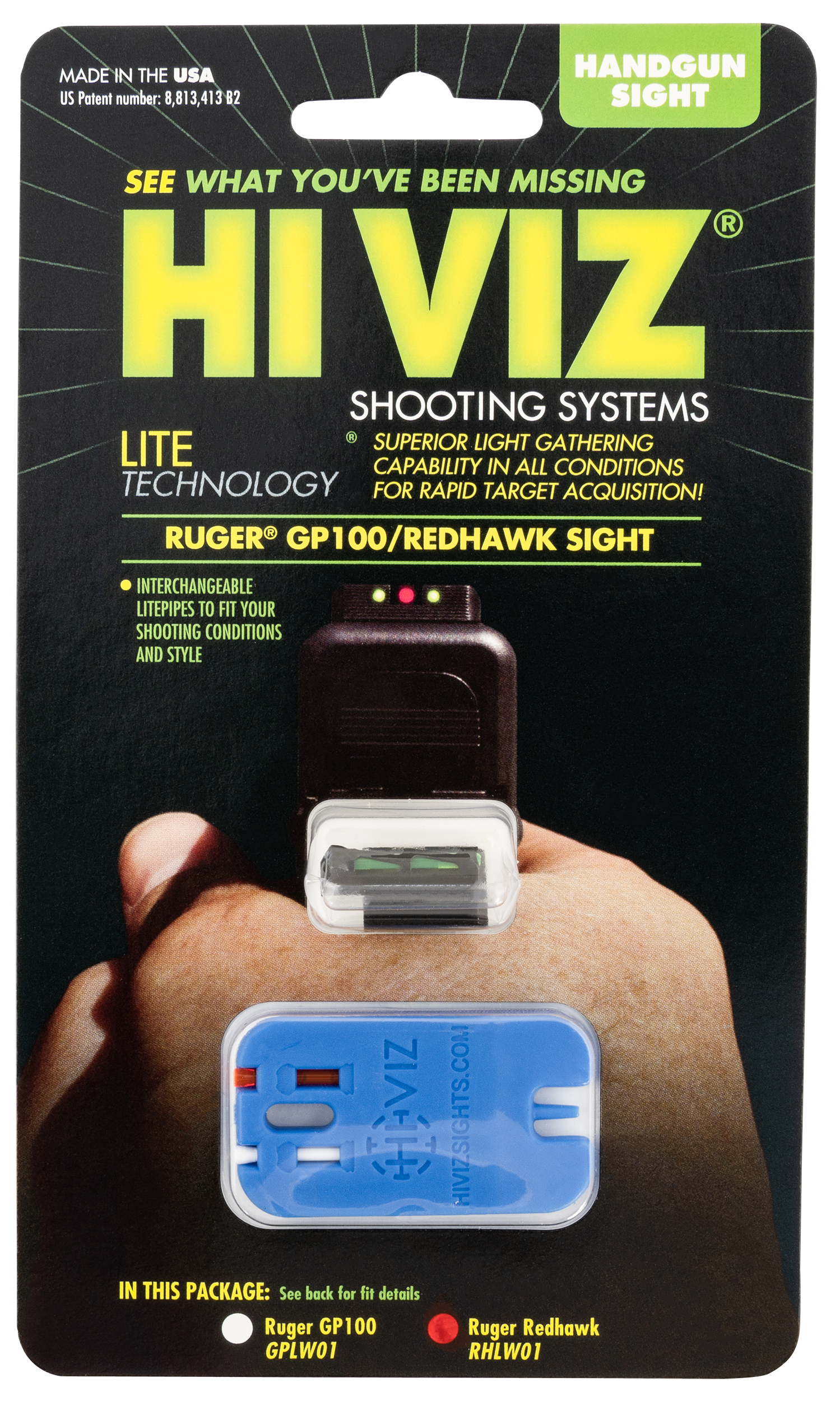 HiViz RHLW01 Ruger Redhawk & Super Redhawk LiteWave Front SightBlack | Green Interchangeable Fiber Optic
