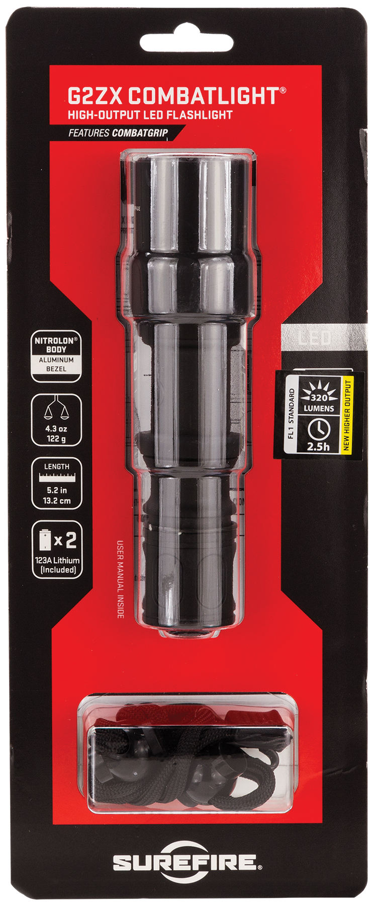 Surefire G2ZX Combat Flashlight LED with 2 CR123A Batteries Nitrolon Black