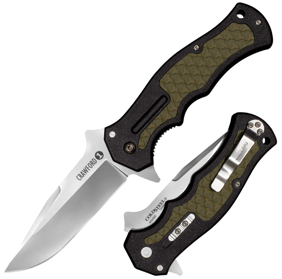 Cold Steel CS20MWC Crawford 1 3.50" Folding Plain 4034 Stainless Steel Blade/Black w/OD Green Traction Inlays GRN Handle Includes Pocket Clip