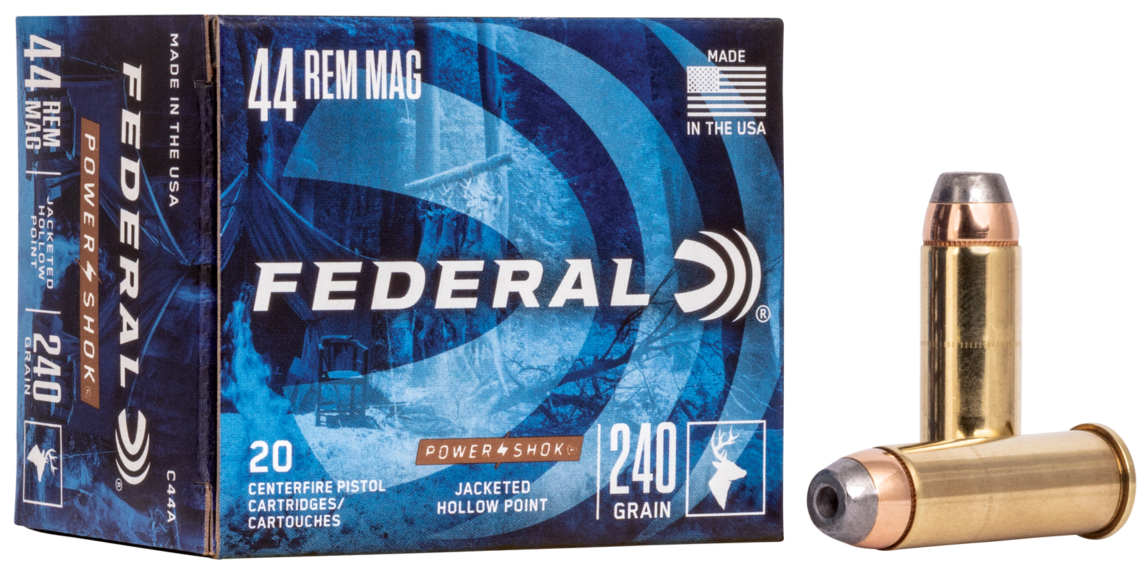 Federal Power-Shok Ammunition 44 Remington Magnum 240 Grain Jacketed Hollow Point 20RD