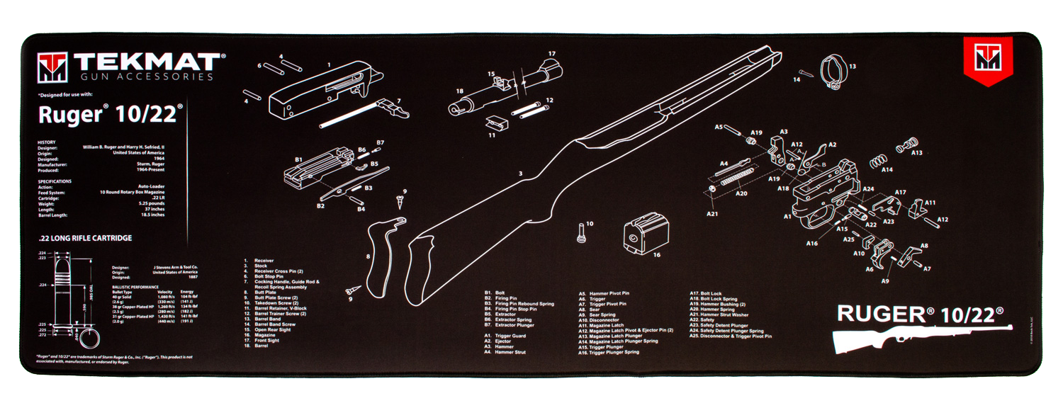TekMat TEKR441022 Ruger 10-22 Ultra Cleaning Mat Black/White Rubber 44" Long Ruger 10-22 Parts Diagram