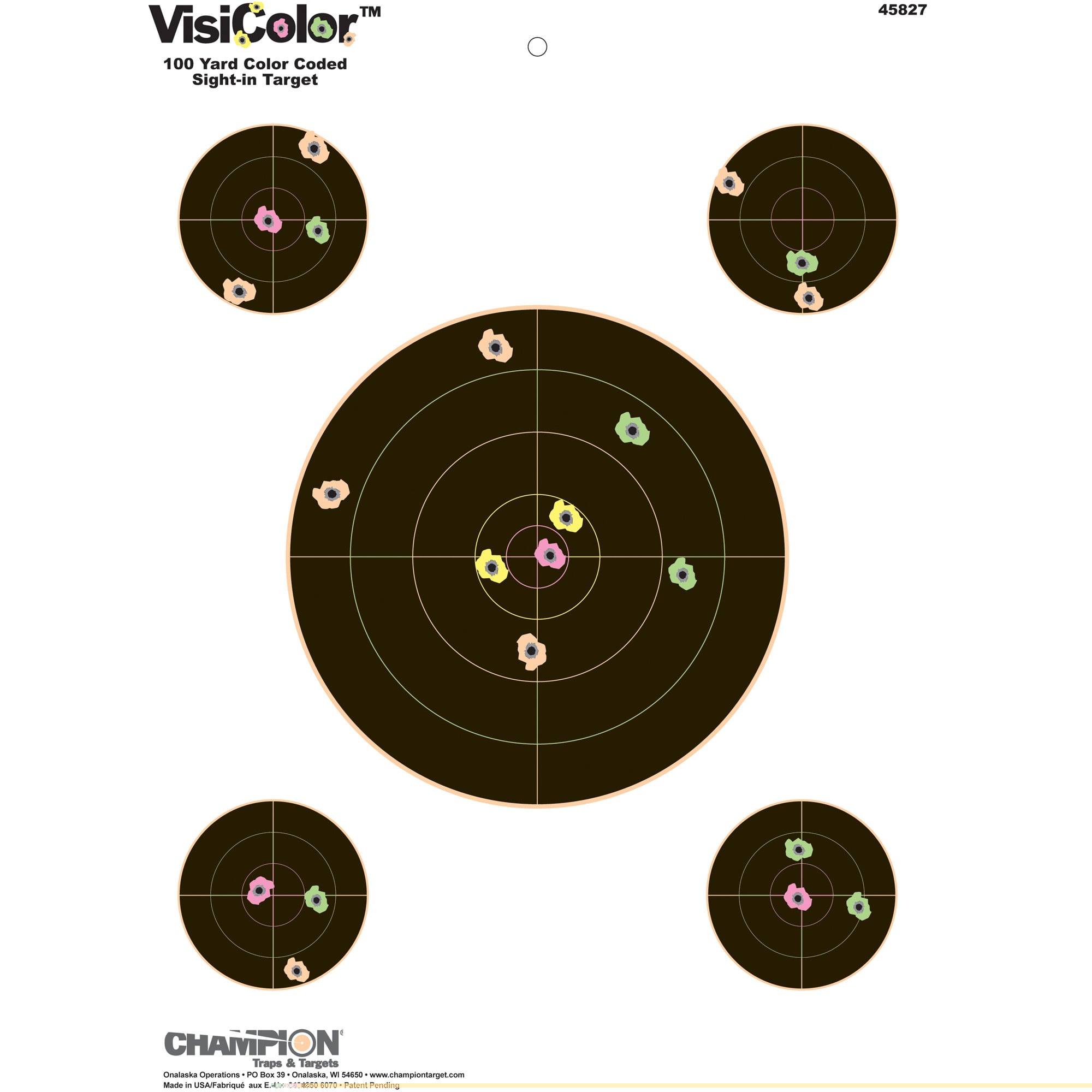 Champion Targets 45827 VisiColor Sight-In 5-Bullseye Self-Adhesive Pistol/Rifle Multi-Color 10 Pk.