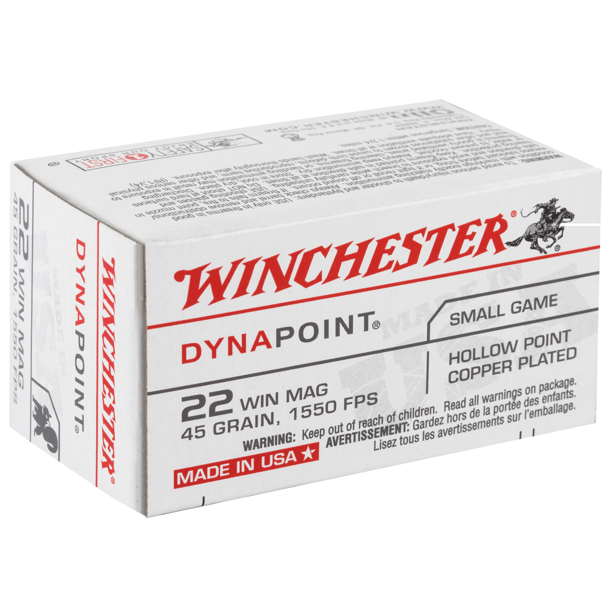 Winchester Dynapoint Ammunition 22 Winchester Magnum Rimfire (WMR) 45 Grain Plated Lead Hollow Point