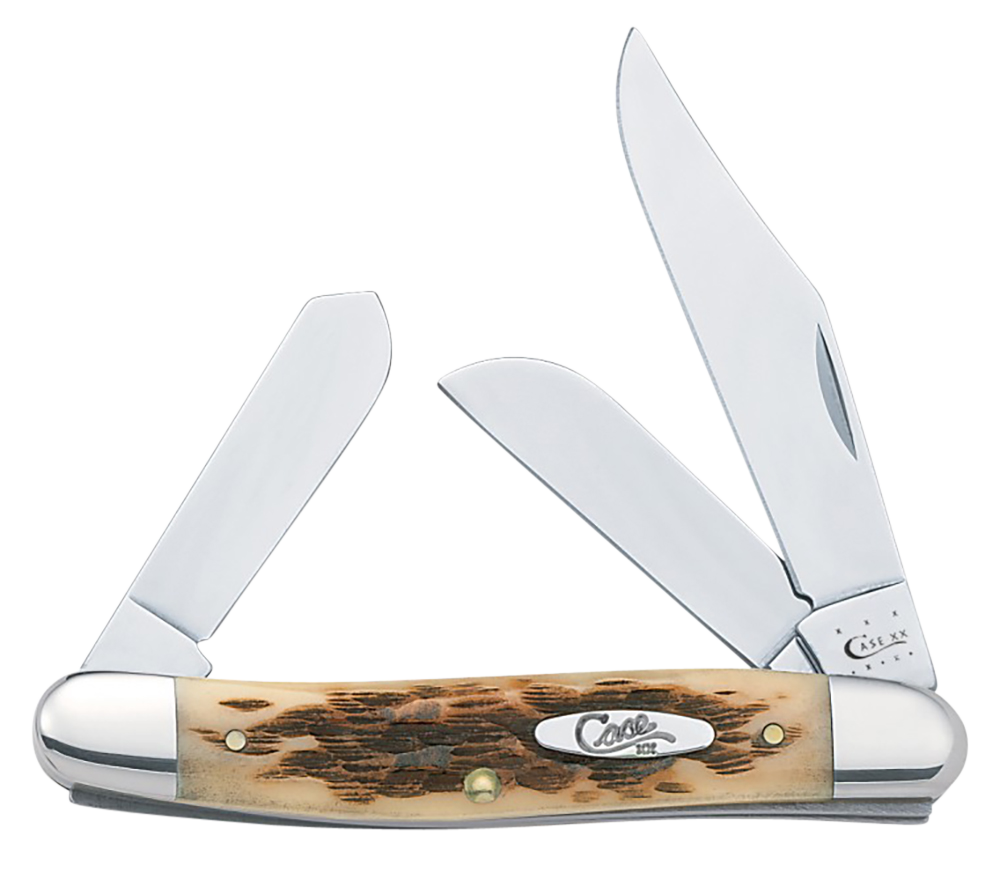 Case 00128 StockmanMedium 2.92"/2.15"/1.90" Folding Clip/Sheepsfoot/Spey Plain Mirror Polished Tru-Sharp SS Blade/Peach Seed Jigged Amber Bone Handle