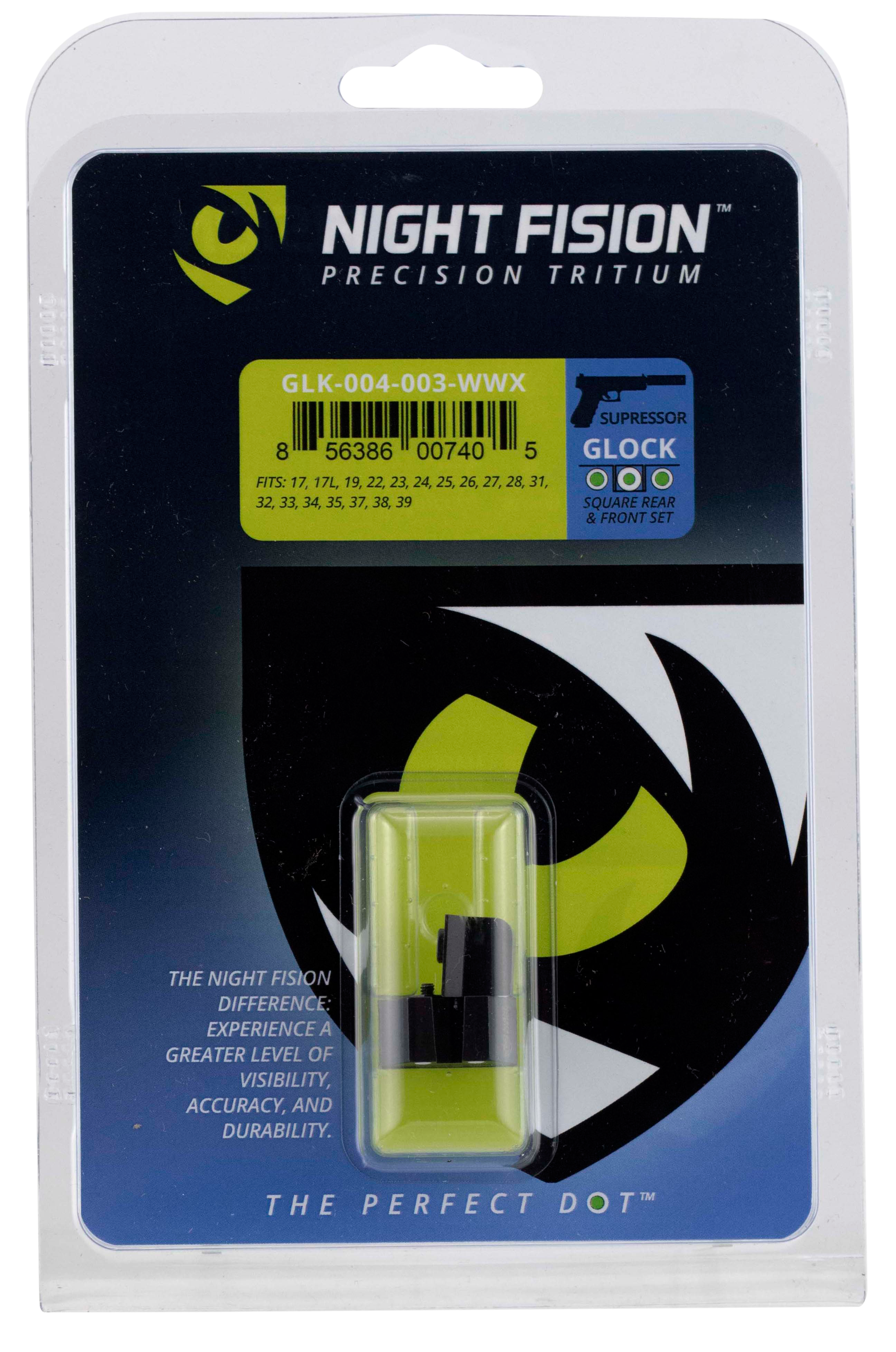 Night Fision Suppressor Height Night Sight Set Glock 17, 19, 34 Tritium White Front Right, Square Notch White Ring Rear Steel Nitride