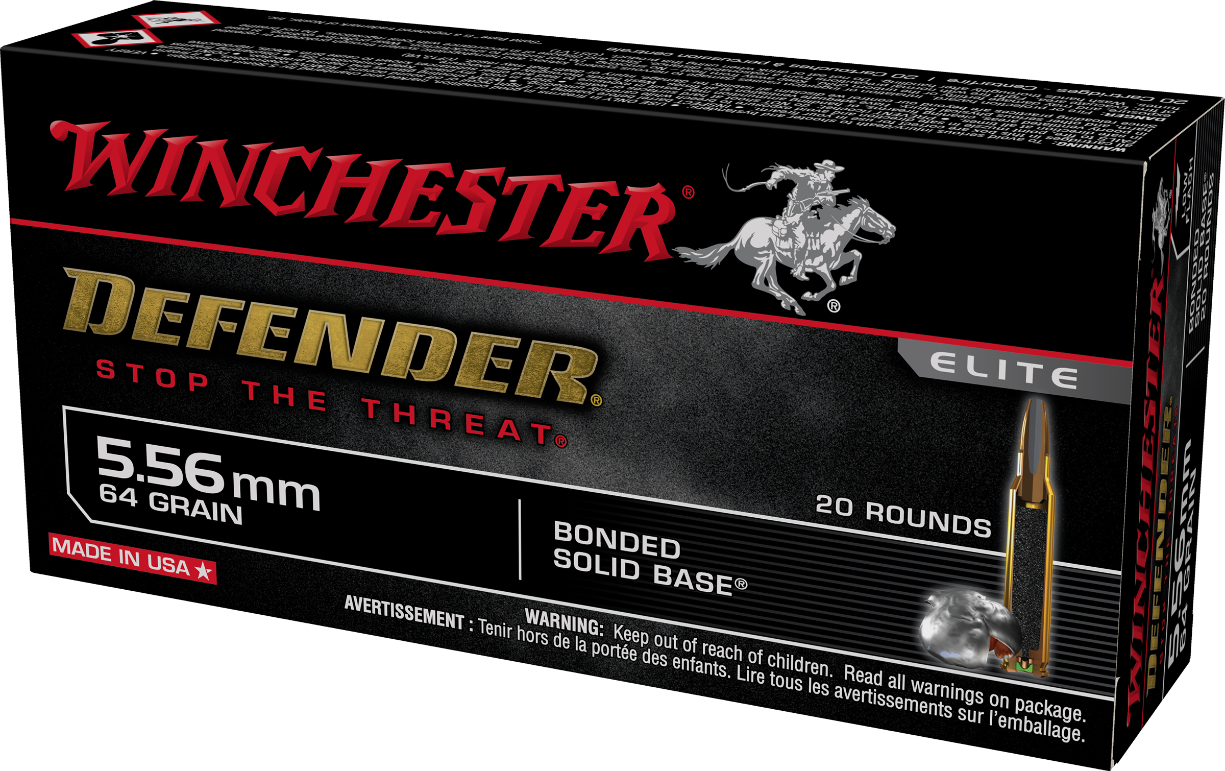 Winchester Defender Ammunition 5.56x45mm NATO 64 Grain Bonded Jacketed Hollow Point 20RD