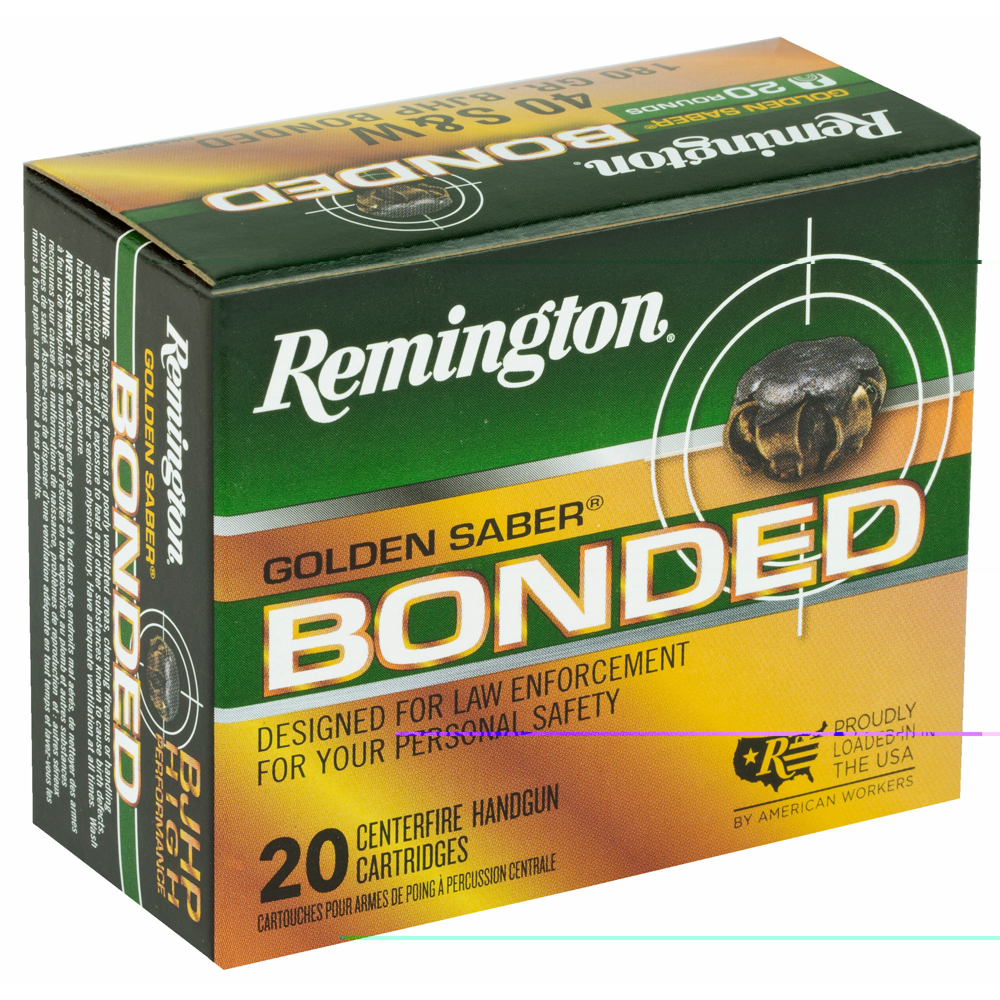 Remington Ammunition 29365 Golden Saber Bonded Defense 40 S&W 180 gr Bonded Brass Jacketed Hollow Point (BBJHP) 20rd Bx