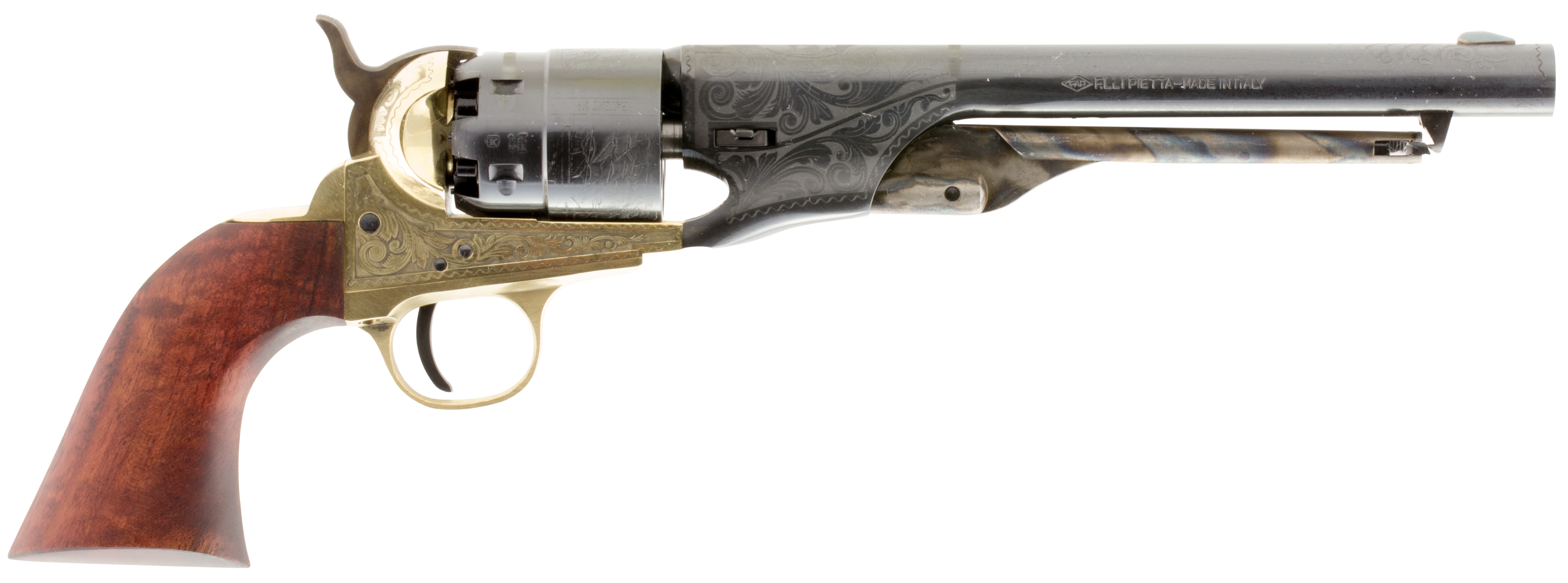 Traditions 1860 Army Black Powder Revolver 44 Caliber 8" Blued Barrel Engraved Brass Frame Walnut Grips