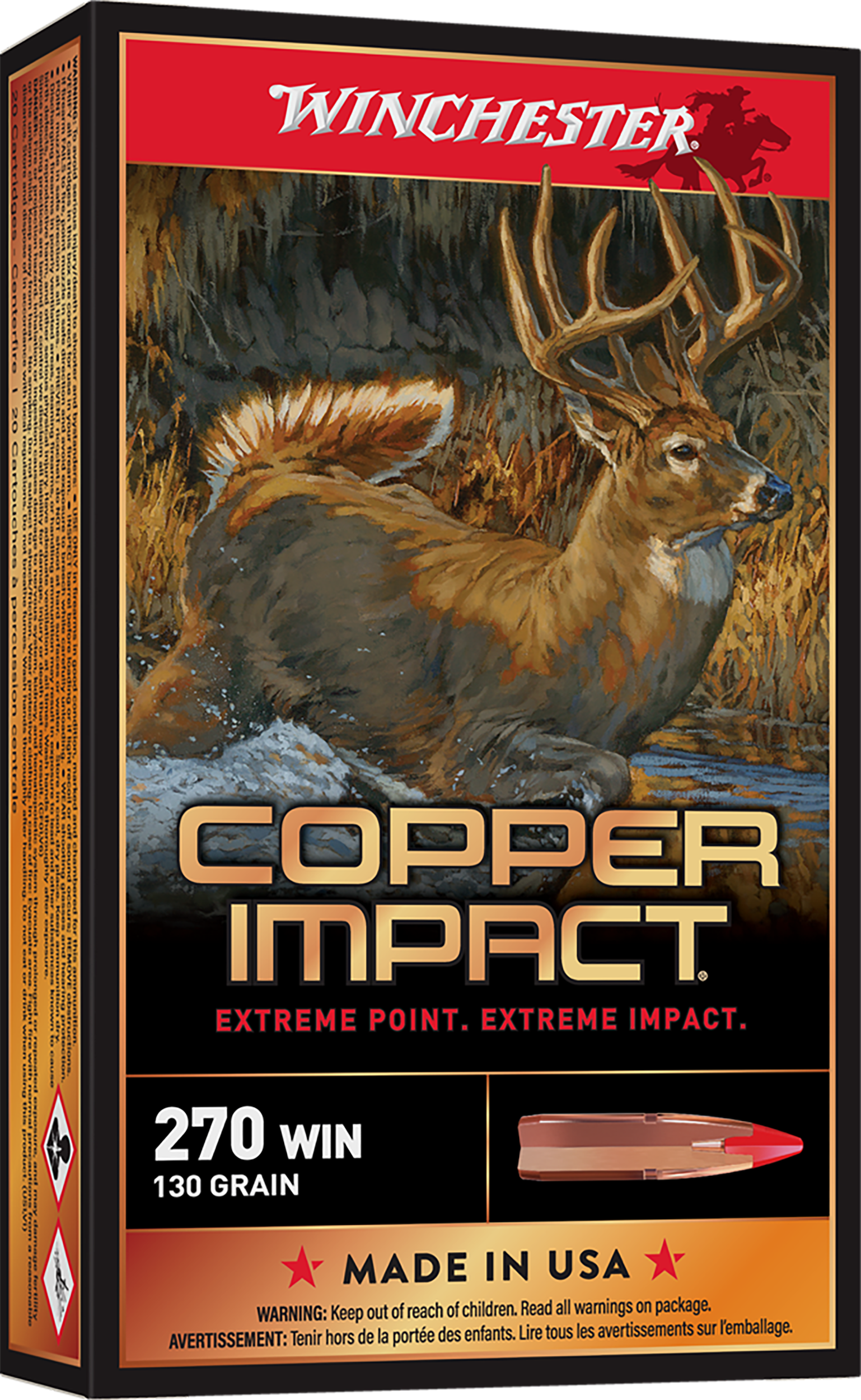 Winchester Copper Impact Ammunition 270 Winchester 130 Grain Copper Extreme Point Polymer Tip Lead-Free 20RD