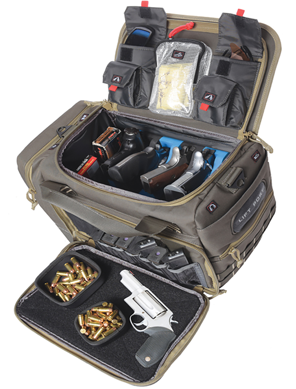 GPS Bags 1512MLBR M/Lwith Foam Cradle Holds 5 Medium Handguns, Lift Ports, Visual ID Storage System, Mag Storage Pocket, Pull-Out Rain Cover & Rifle Green with Khaki Trim Finish