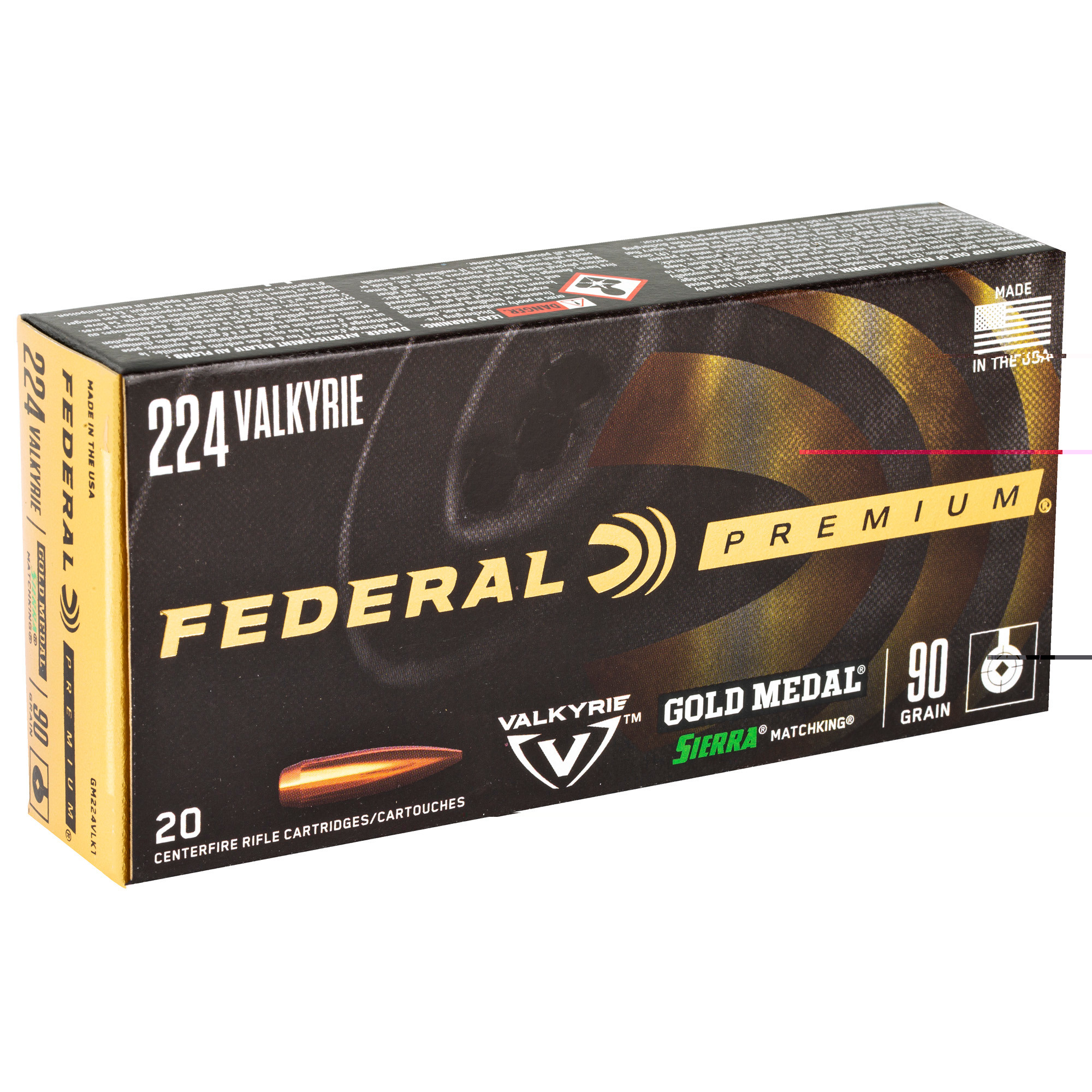 Federal Premium Gold Medal Ammunition 224 Valkyrie 90 Grain Sierra MatchKing Hollow Point Boat Tail
