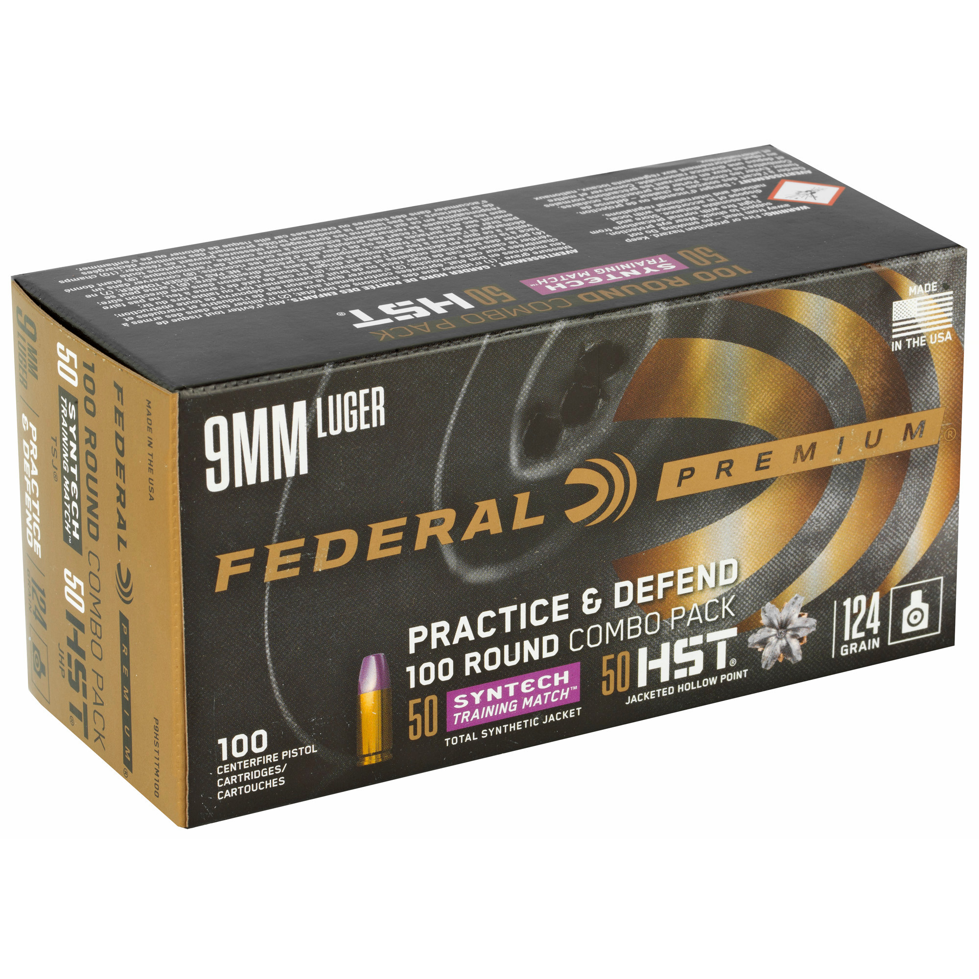 Federal Practice & Defend HST/Syntech Combo Ammunition 9mm Luger 124 Grain Jacketed Hollow Point & Total Synthetic Jacket Box of 100