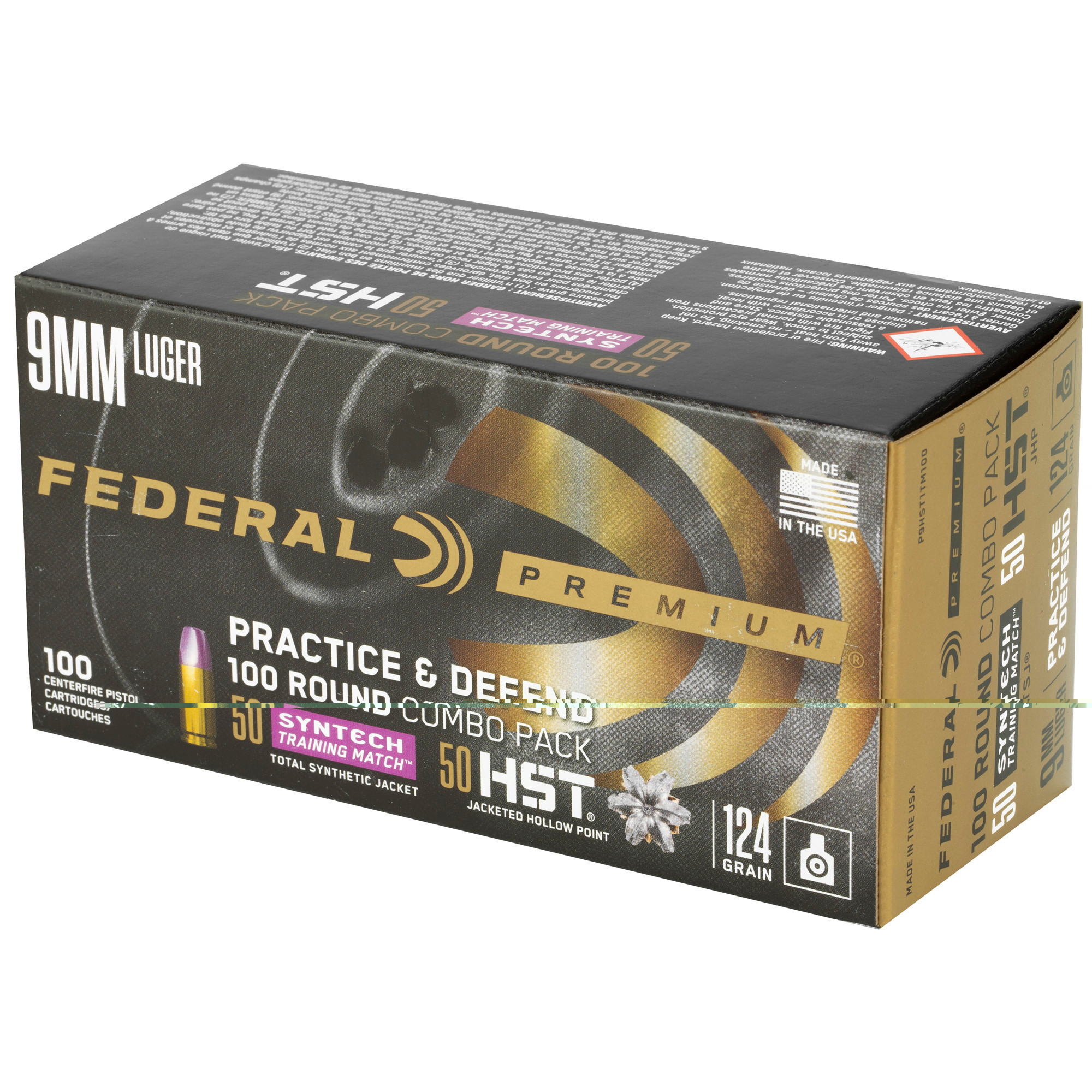 Federal Practice & Defend HST/Syntech Combo Ammunition 9mm Luger 124 Grain Jacketed Hollow Point & Total Synthetic Jacket Box of 100