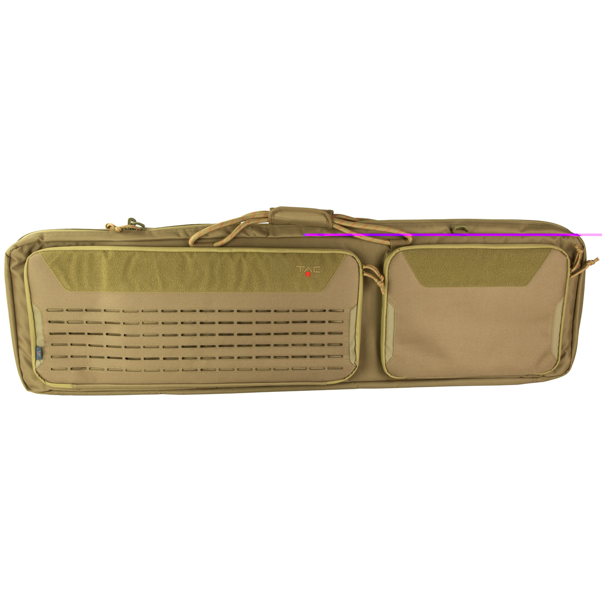 Tac Six 10830 Squad Tactical Case made of Coyote 600D Polyester with Lockable Zippers, MOLLE System, Elastic Loops, Storage Pockets, Rope Handles, & Detachable Shoulder Strap 32" x 13" W x 4.50" H Interior Dimensions