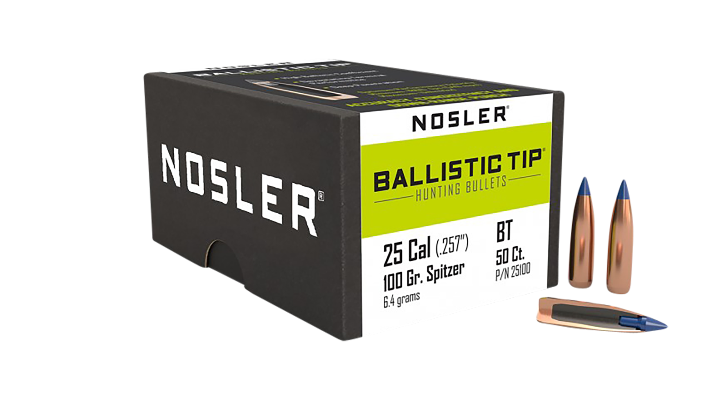 Nosler 25100 Ballistic Tip Hunting 25 Caliber .257 100 GR Spitzer 50 Per Box