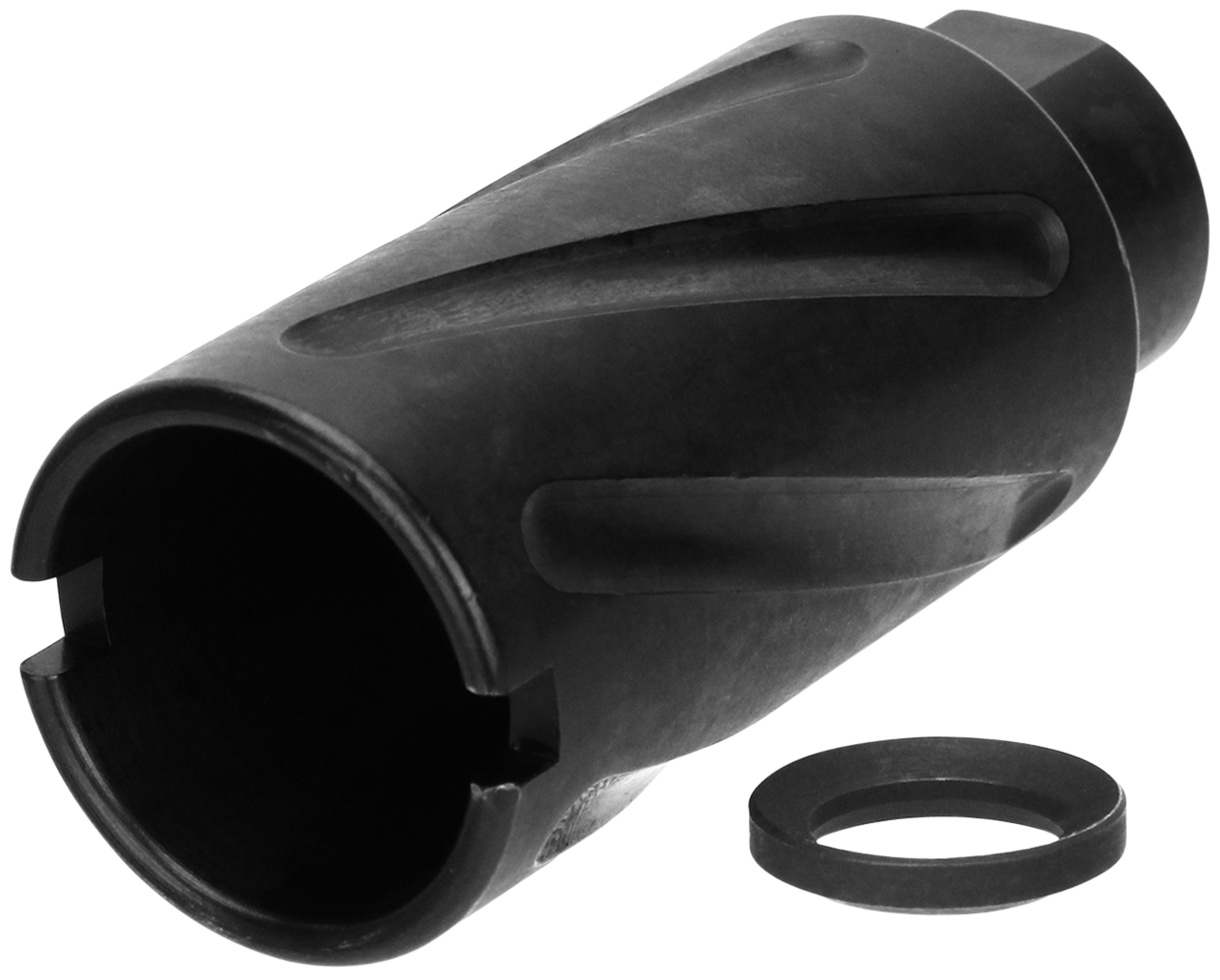 TacFire MZ10079MMN Spiral Fluted Muzzle Brake Black Oxide Steel with 1/2"-36 tpi Threads, 2.60" OAL & 1.12" Diameter for 9mm Luger AR-Platform