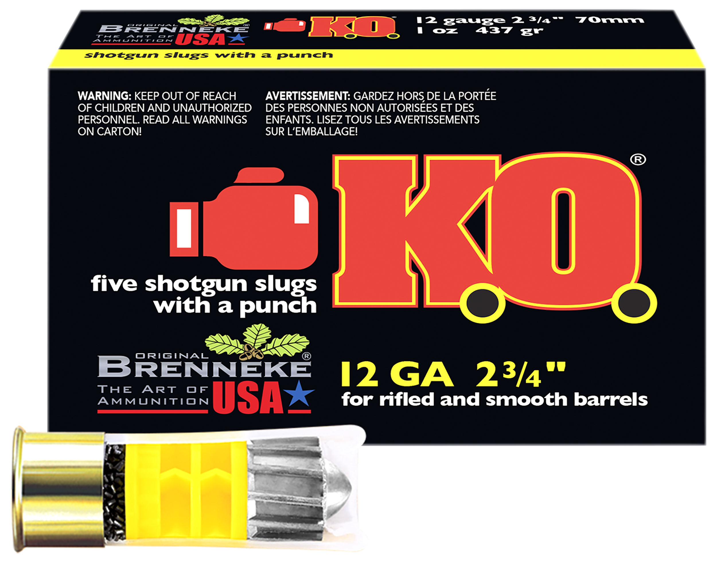 Brenneke SL122KO K.O. Hunting 12 Gauge 2.75" 1 oz Slug Shot 5 Per Box/ 50 Cs