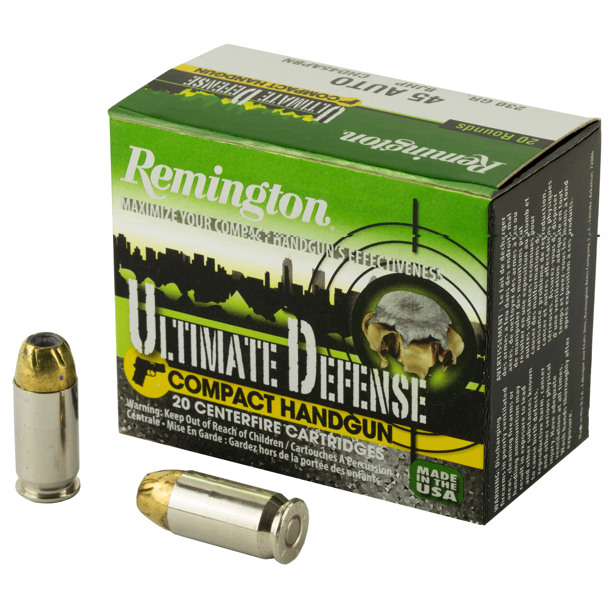 Remington Ammunition 28967 Ultimate Defense Compact Handgun 45 ACP 230 gr Brass Jacket Hollow Point (BJHP) 20rd Bx