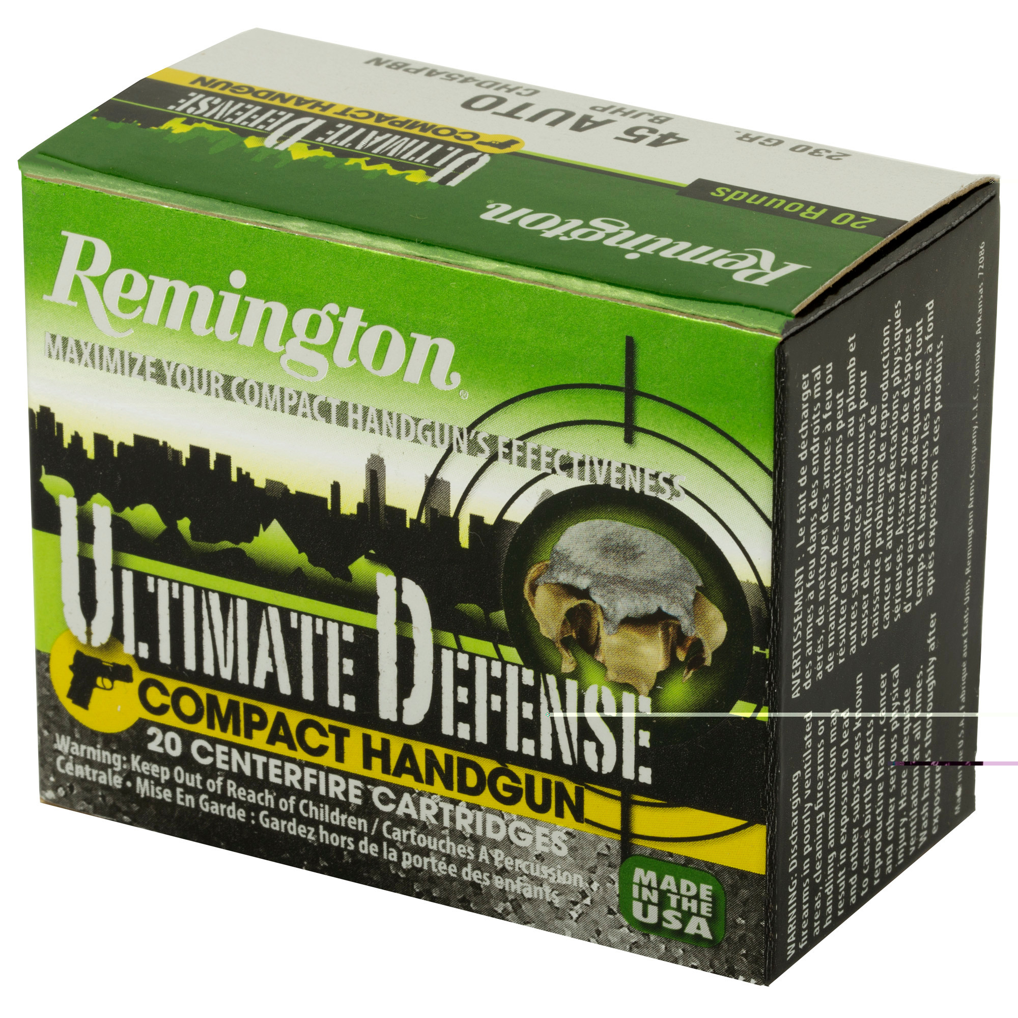 Remington Ammunition 28967 Ultimate Defense Compact Handgun 45 ACP 230 gr Brass Jacket Hollow Point (BJHP) 20rd Bx