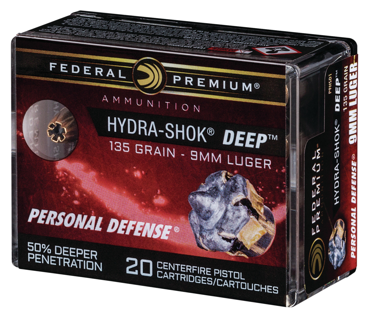 Federal Premium Personal Defense Ammunition 9mm Luger 135 Grain Hydra-Shok Deep Jacketed Hollow Point 20RD