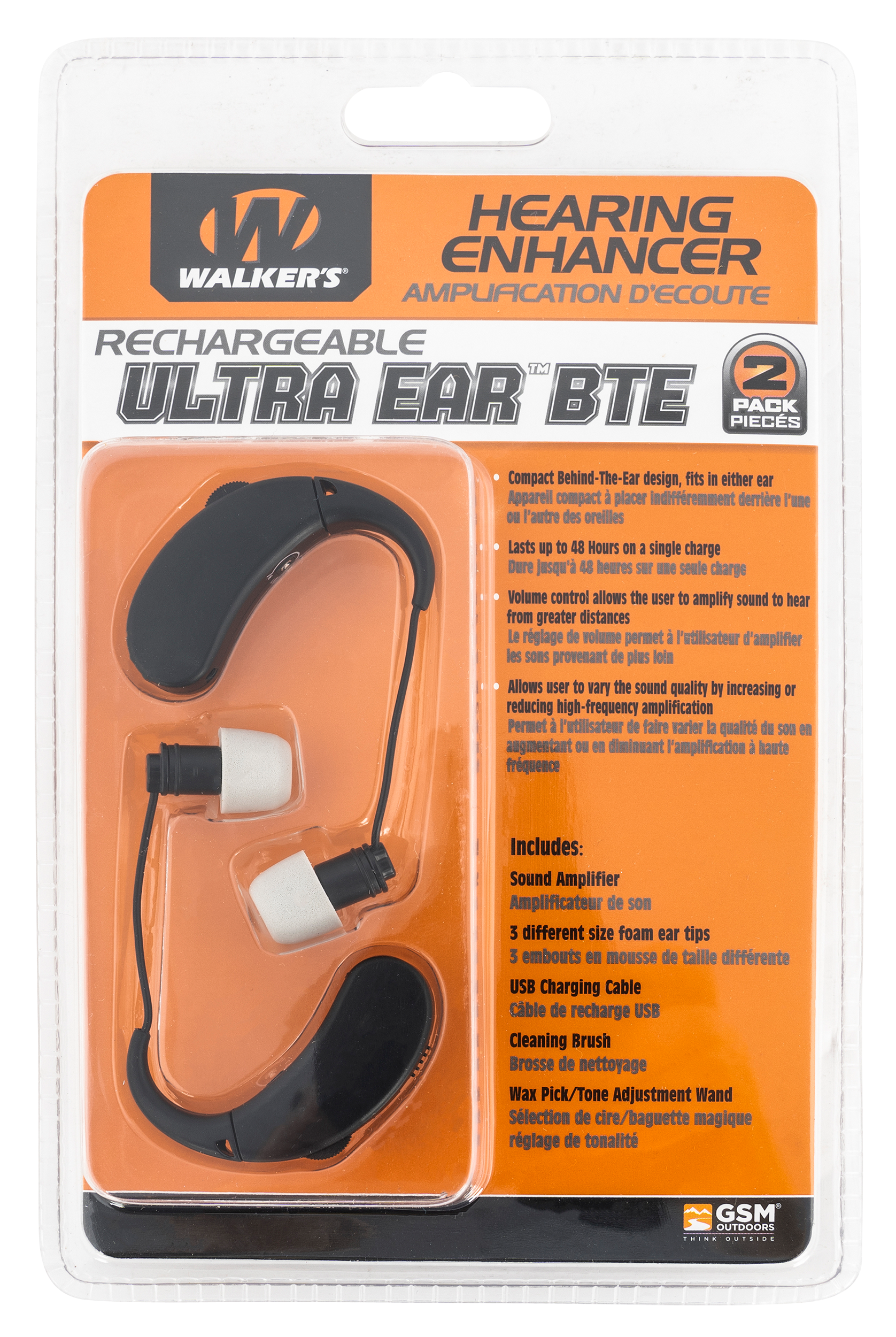 Walker's Ultra Ear BTE Rechargeable Hearing Enhancer Black Pair