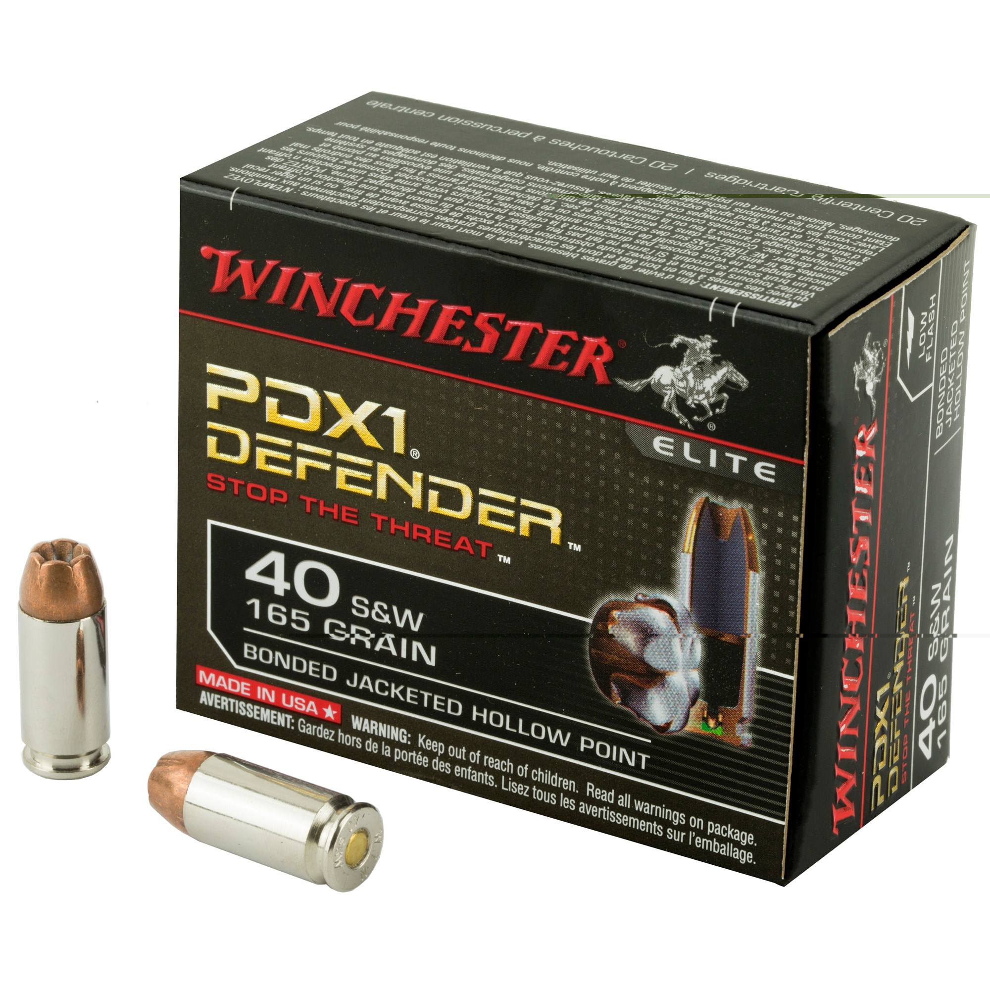 Winchester Defender Ammunition 40 S&W 165 Grain Bonded Jacketed Hollow Point 20RD