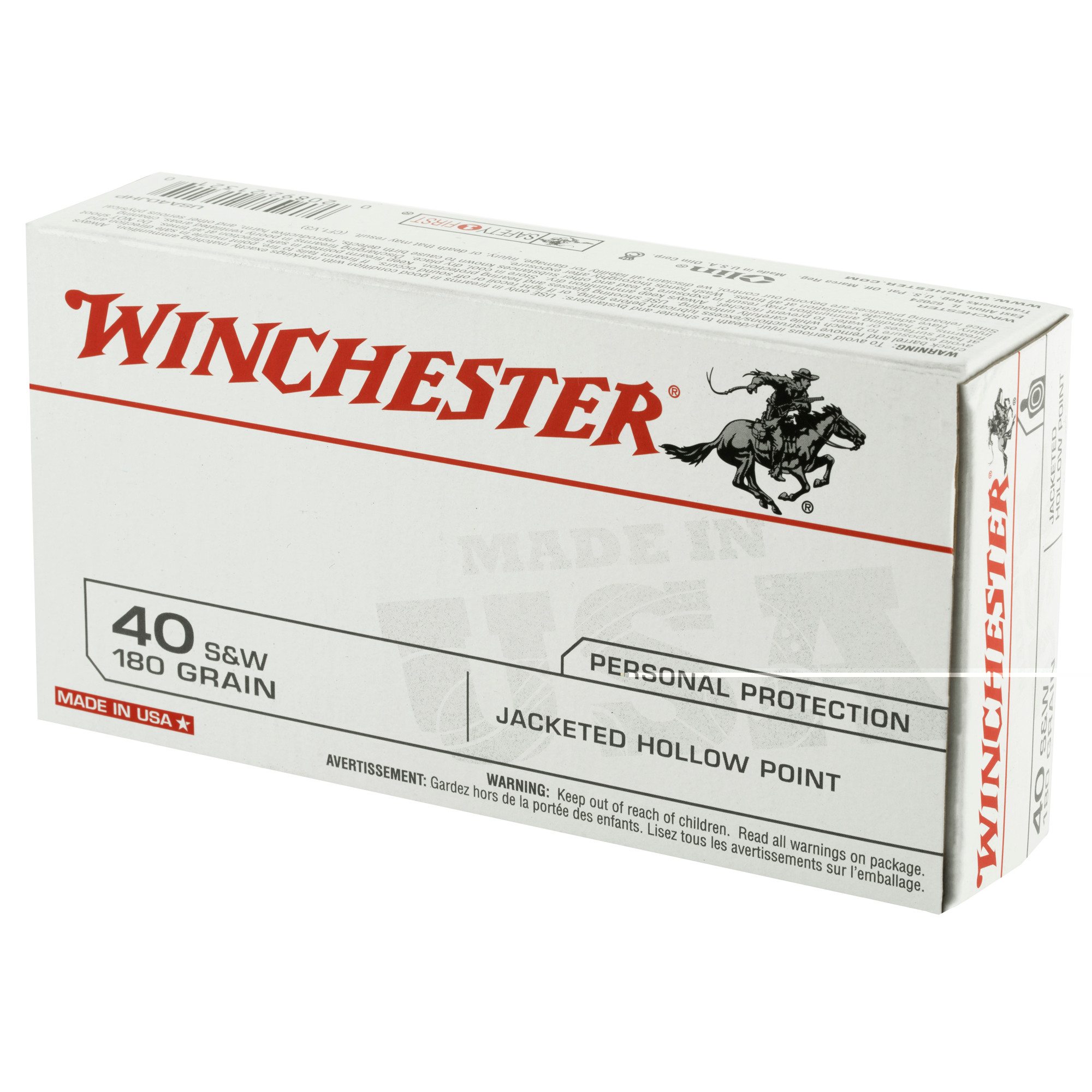 Winchester USA Ammunition 40 S&W 180 Grain Jacketed Hollow Point Box of 50