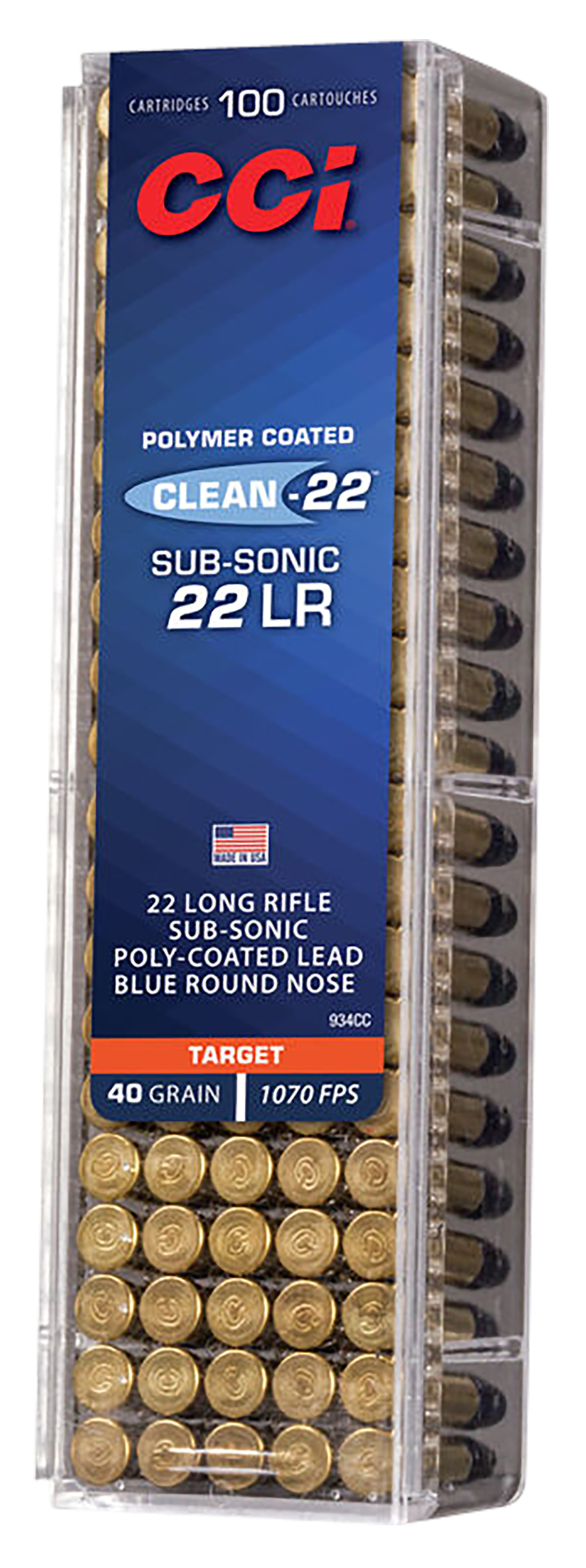 CCI Clean-22 Ammunition 22 Long Rifle Subsonic 40 Grain Blue Polymer Coated Lead Round Nose Box of 100