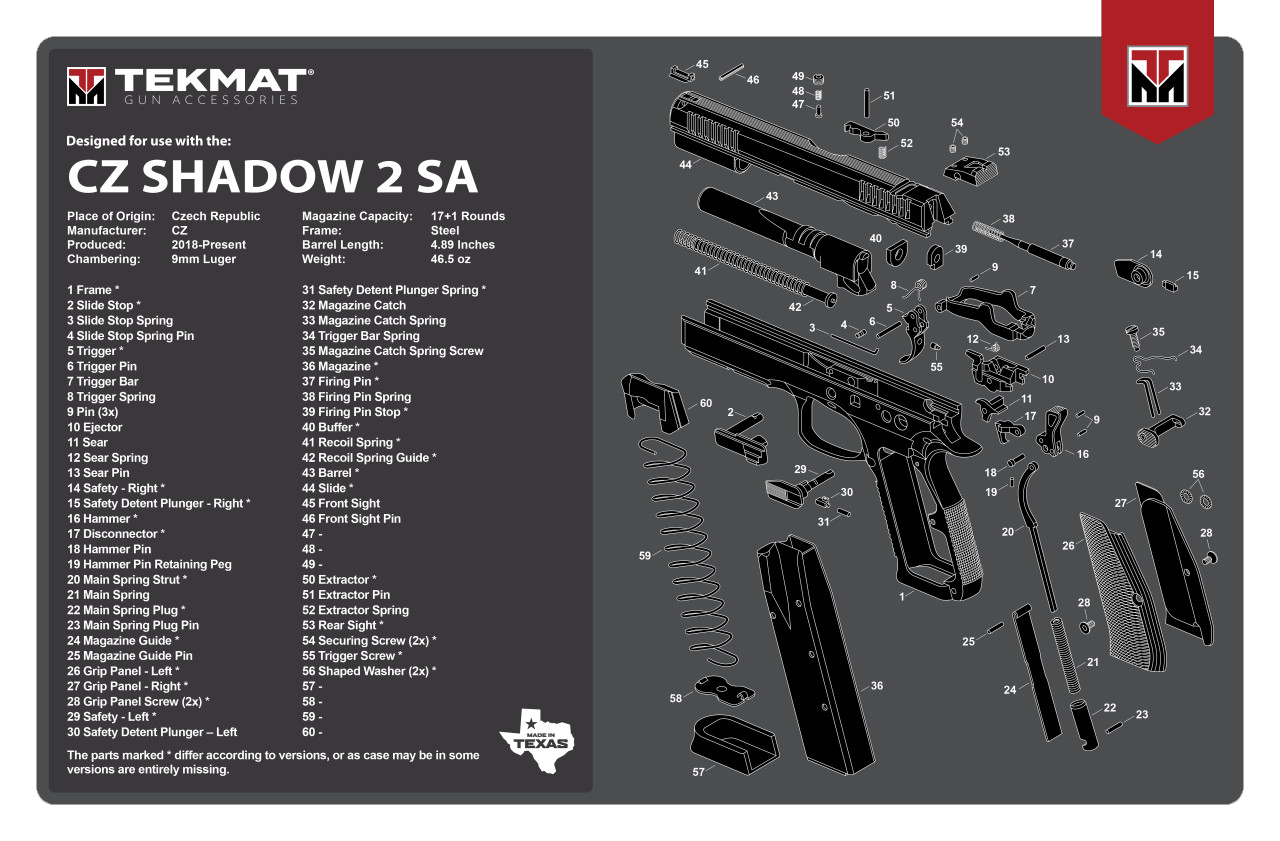 TekMat TEKR17CZSHDW2 CZ Shadow 2 SA Original Mat Black/White Rubber 17" Long 11" x 17" CZ-75 Shadow 2 SA Diagram Illustration