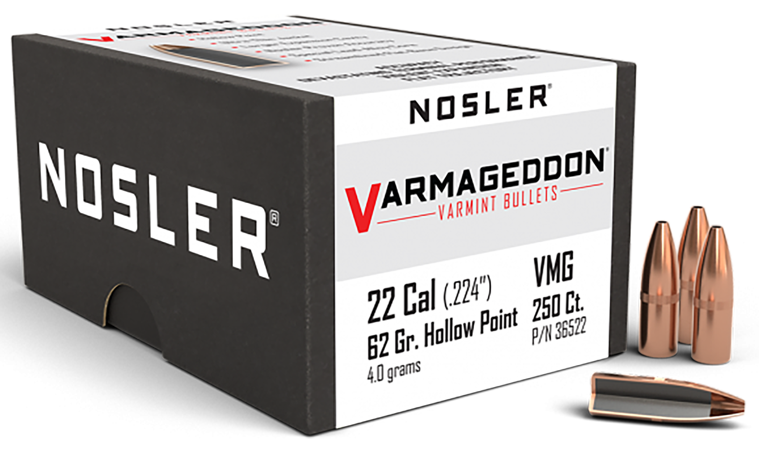 Nosler 36522 Varmageddon Varmint 22 Cal .224 62 gr Flat Base Hollow Point (FBHP) 250 Per Box