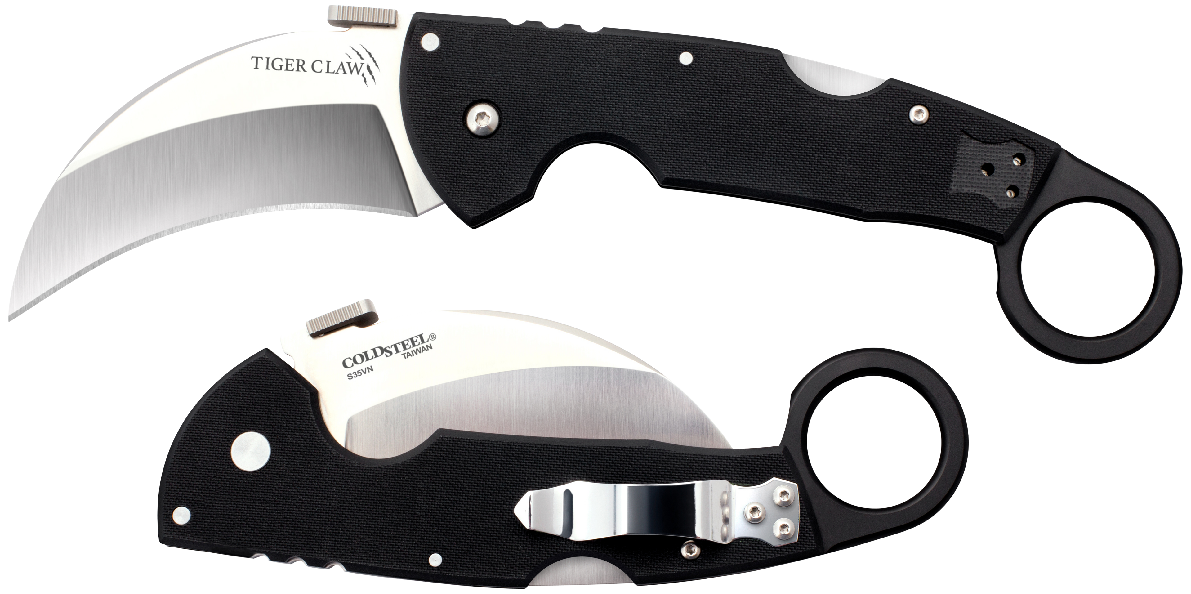 Cold Steel CS22C Tiger Claw3.50" Folding Hawkbill Plain Stonewashed American S35VN Blade/6" Matte Black w/Ring G10 Handle Includes Belt Clip
