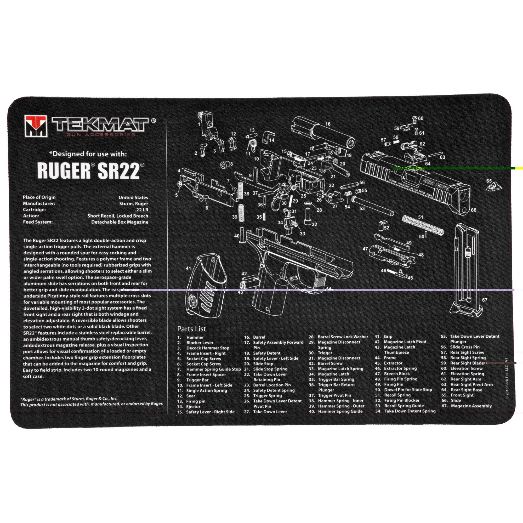 TekMat TEKR17RUGERSR22 Ruger SR22 Cleaning Mat Black/White Rubber 17" Long Ruger SR22 Parts Diagram