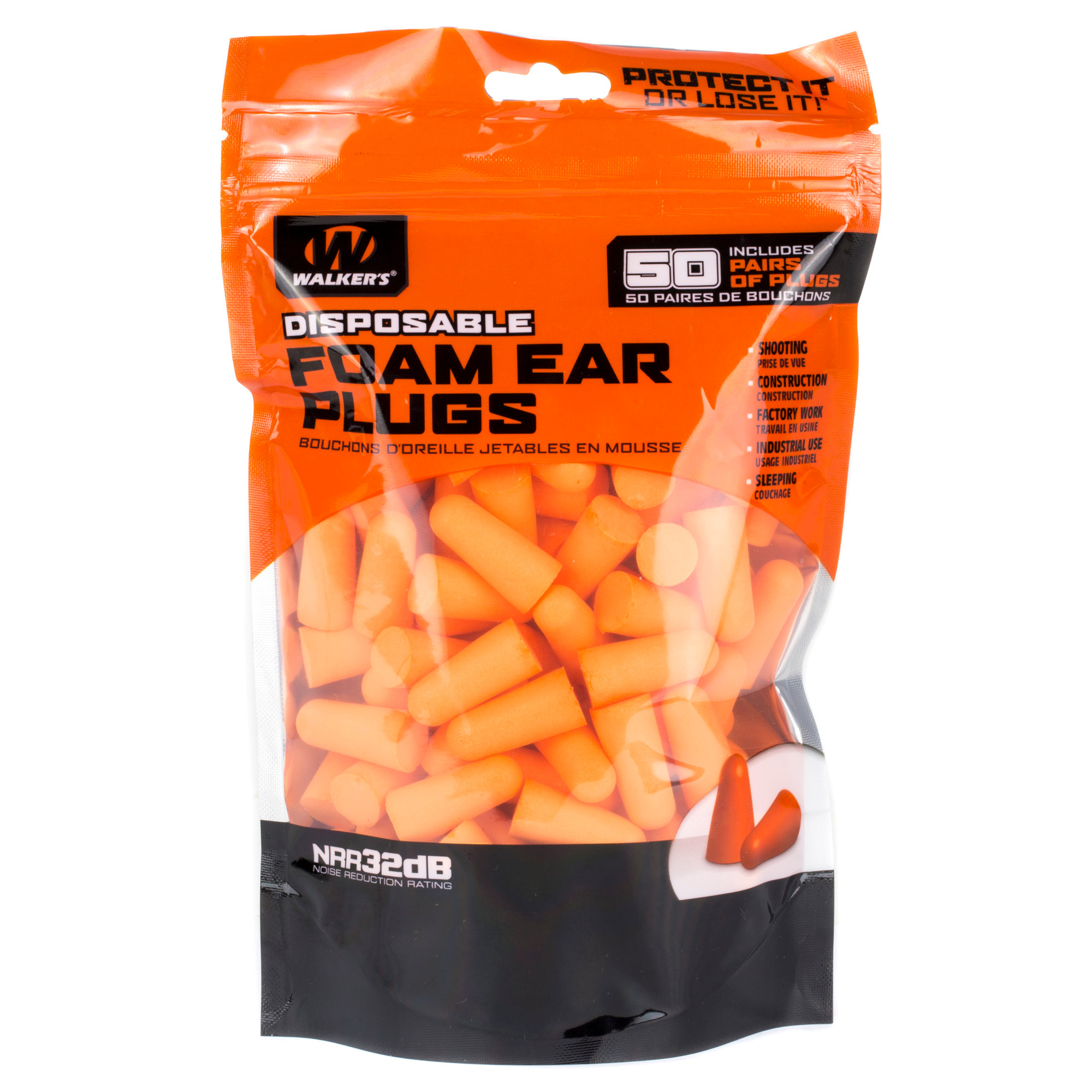 Walker's GWPFP50BAG Foam Ear PlugsFoam 32 dB In The Ear Orange Adult 50 Pair