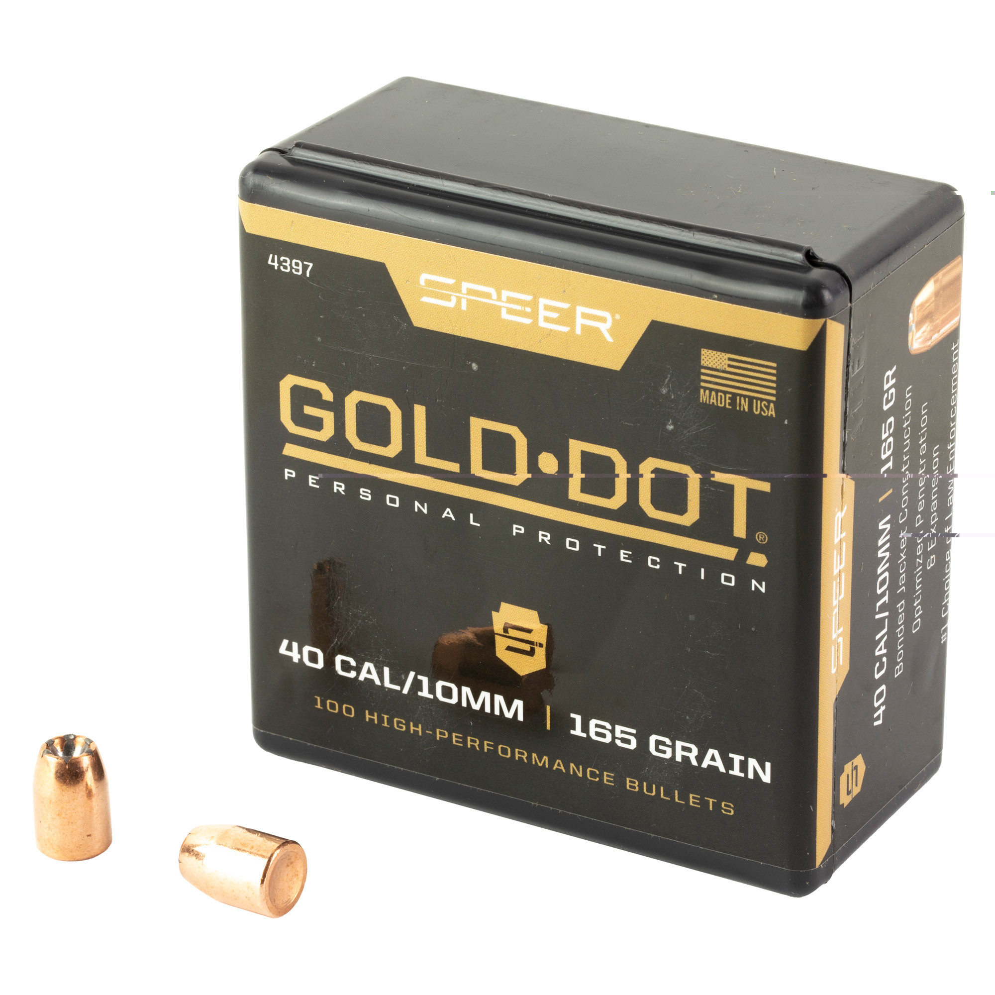 Speer Gold Dot Bullets 40 S&W, 10mm Auto (400 Diameter) 165 Grain Bonded Jacketed Hollow Point Box of 100