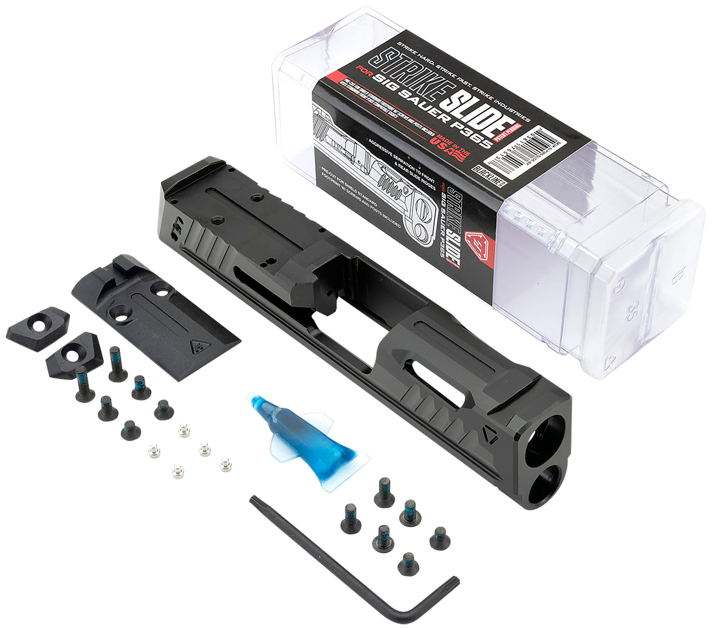 Strike Industries P365SLIDEBK Strike Replacement Slide Black Stainless Steel with Ports & Optics Cut for Sig P365 Includes Charging Handle