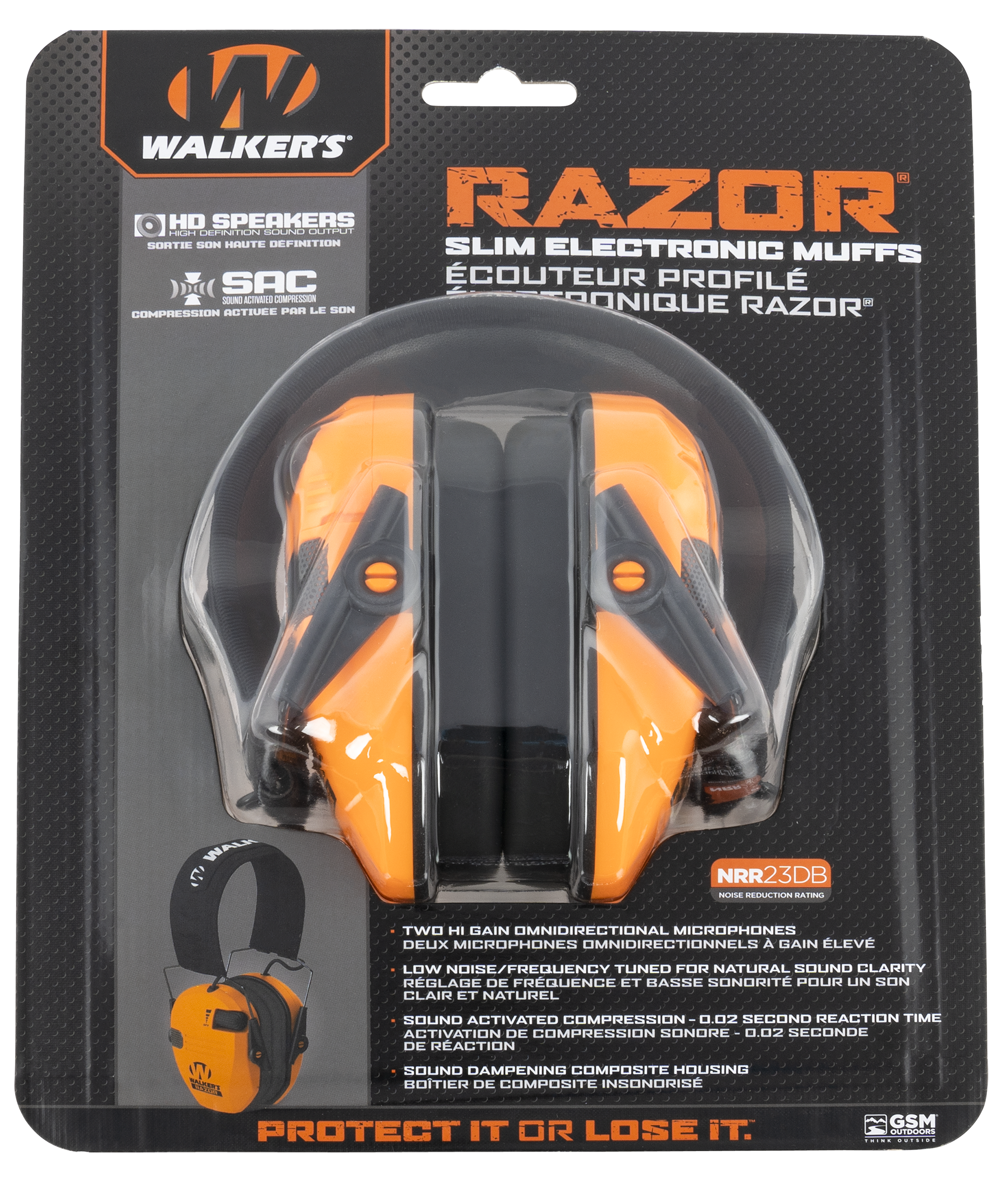 Walker's GWPRSEMBLZ Razor Slim Electronic Muff Polymer 23 dB Over the Head Blaze Orange/Black Adult