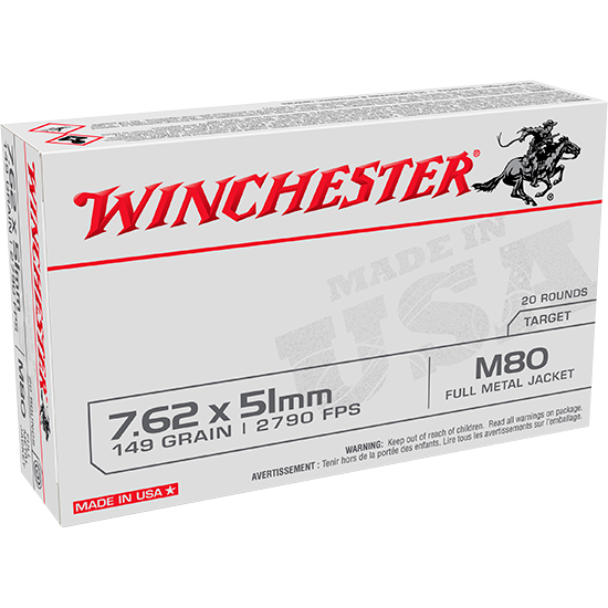 Winchester Ammo WM80 USA M80 Lake City 7.62x51mm NATO 149 gr FMJ20 Per Box/25 Cs
