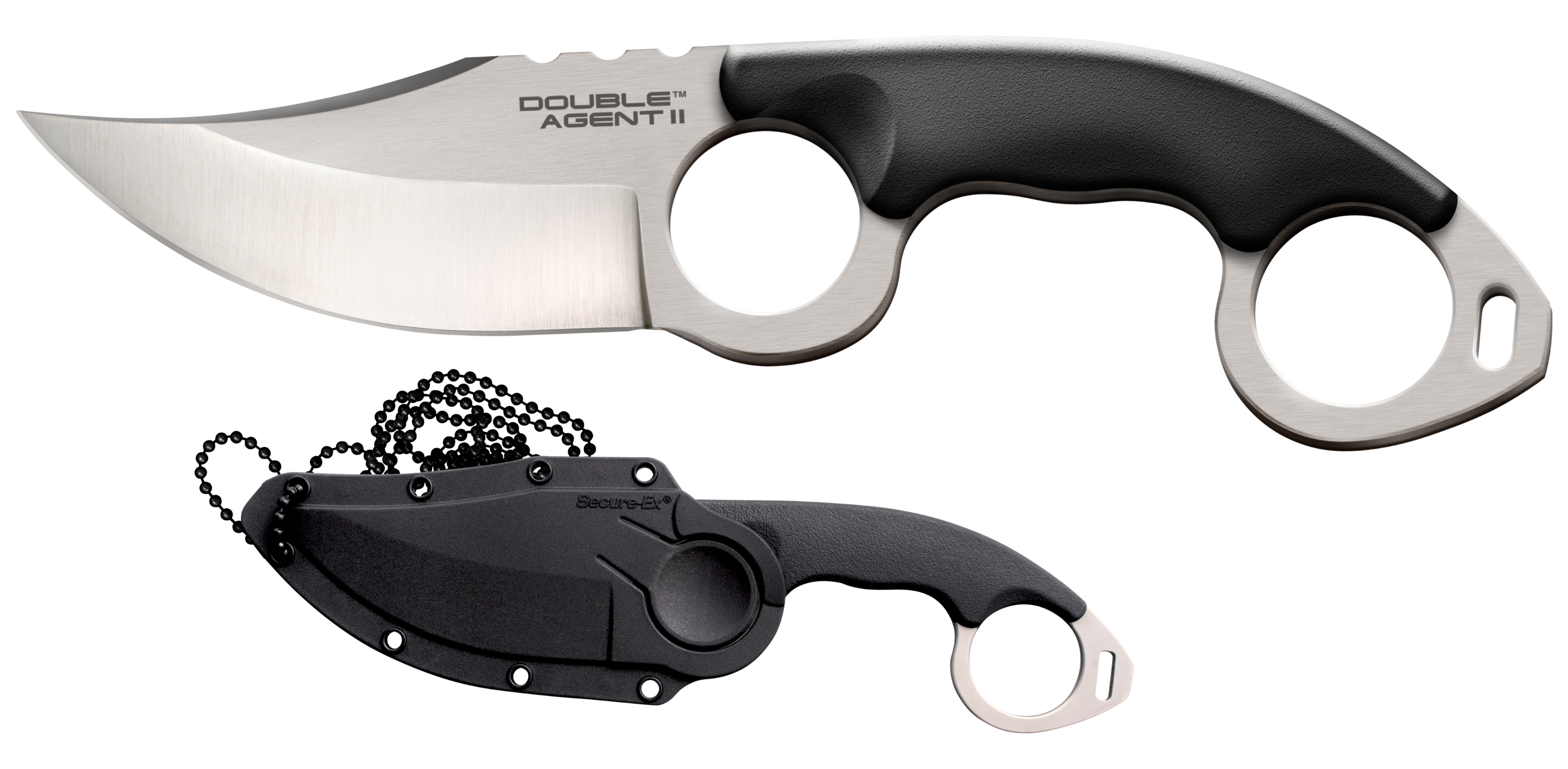 Cold Steel CS39FN Double Agent ll 3" Fixed Plain Satin AUS-8A SS Blade Black w/Double Ring Griv-Ex Handle Includes Bead Chain Lanyard/Sheath