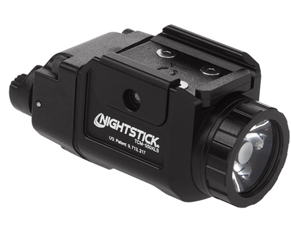 Nightstick TCM550XLS TCM-550XLS Compact Weapon Light Glock 550 Lumens Output White LED Light 136 Meters Beam Modular Rail Inserts Mount Black Anodized Hardcoat Aluminum Features Strobe Lighting