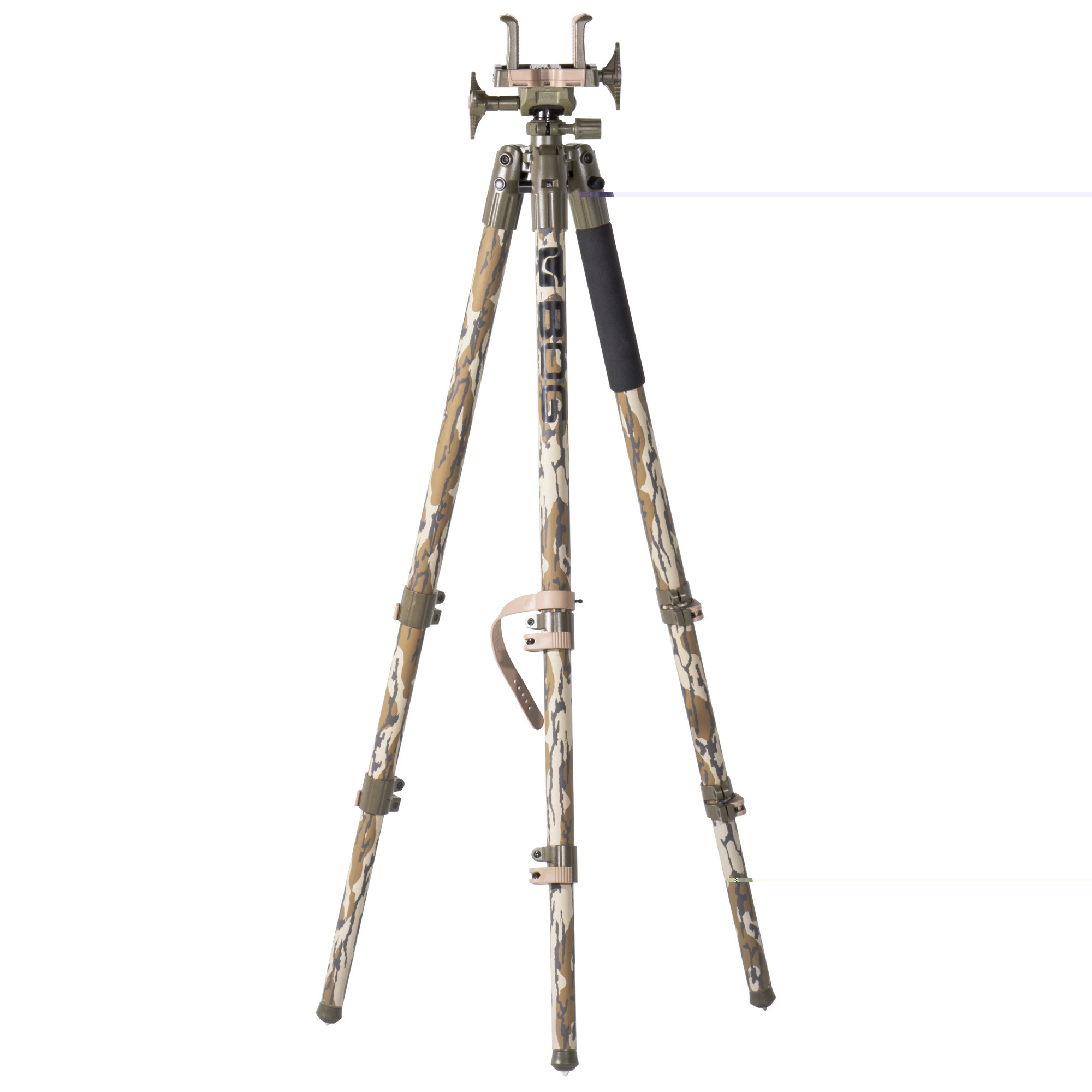 Bog-Pod 1164398 DeathGripTripod made of Mossy Oak Bottomland Finish Aluminum with Steel Feet, 360 Degree Pan, Integrated Bubble Level & Lever-Leg Locks