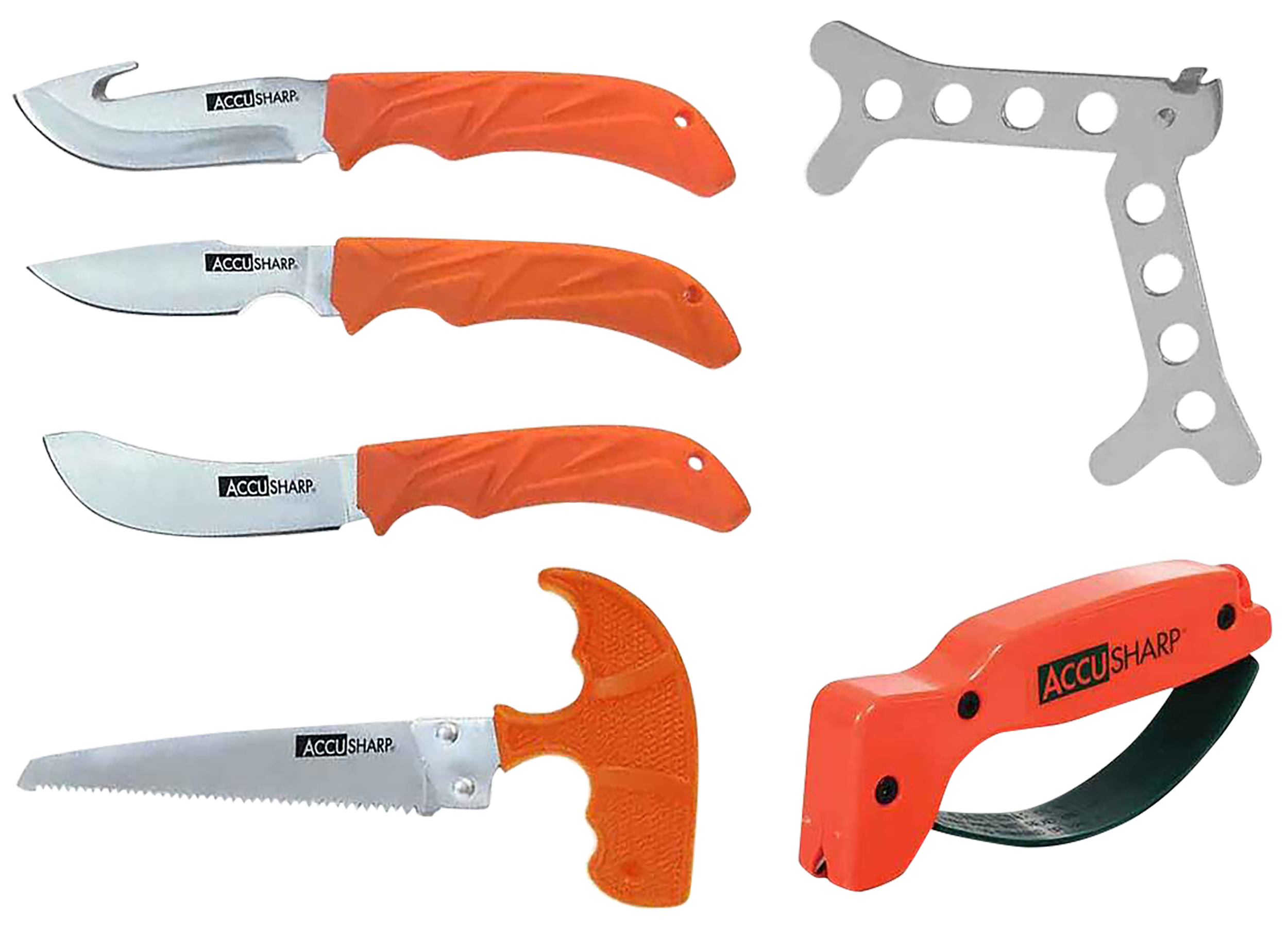AccuSharp 728C Game Processing Kit Butcher/Caper/Gut-Hook/Bone Saw/Ribcage Spreader Gut Hook/Saw/Plain Stainless Steel Blade Orange FRN Handle