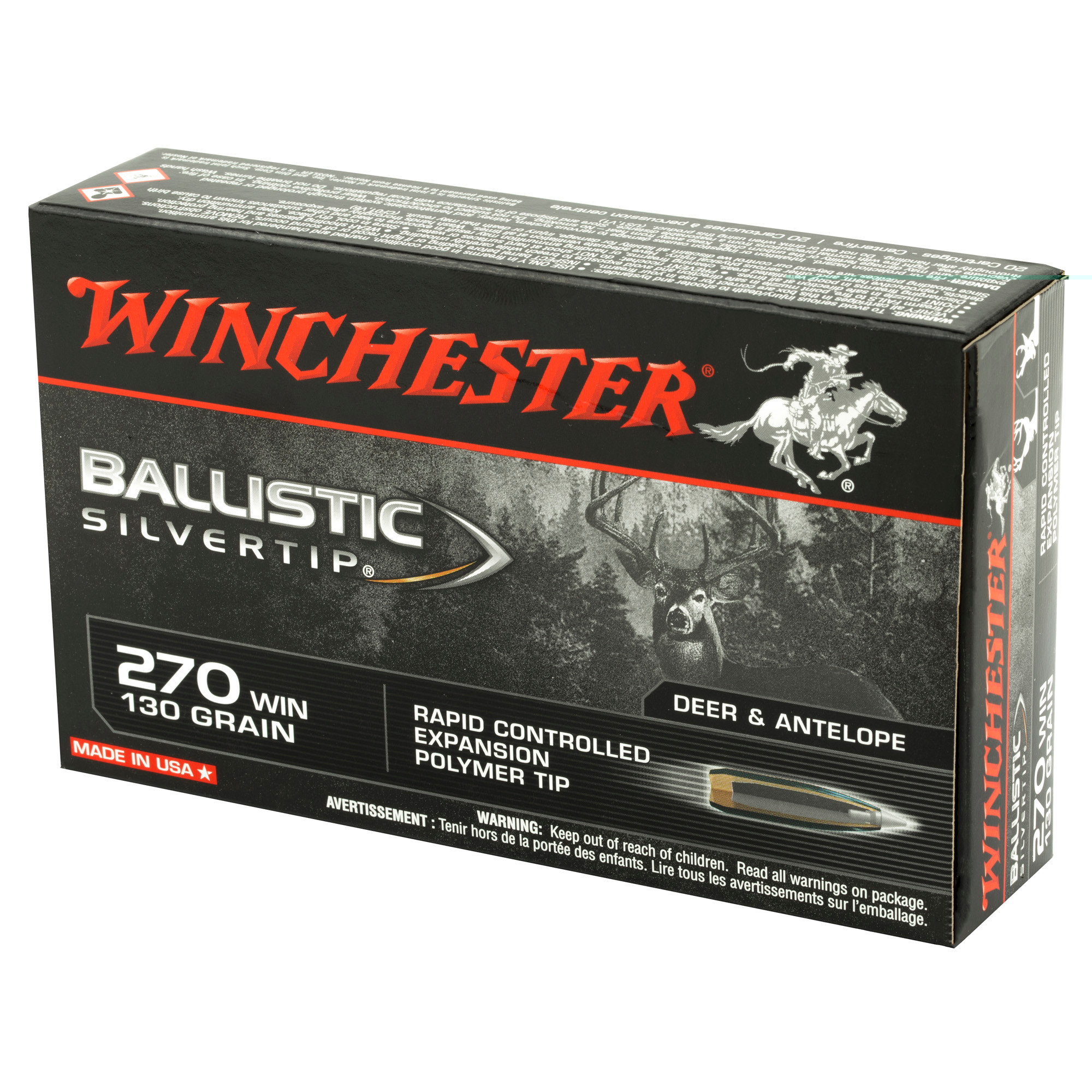 Winchester Ballistic Silvertip Ammunition 270 Winchester 130 Grain Ballistic Silvertip Rapid Controlled Expansion Polymer Tip 20RD